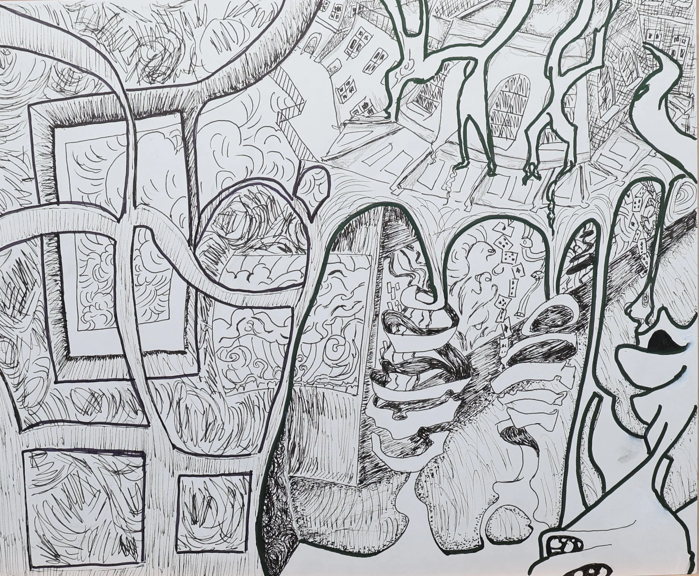 Black and white abstract drawing with lines and shapes, resembling a face with headphones, surrounded by various patterns and structures