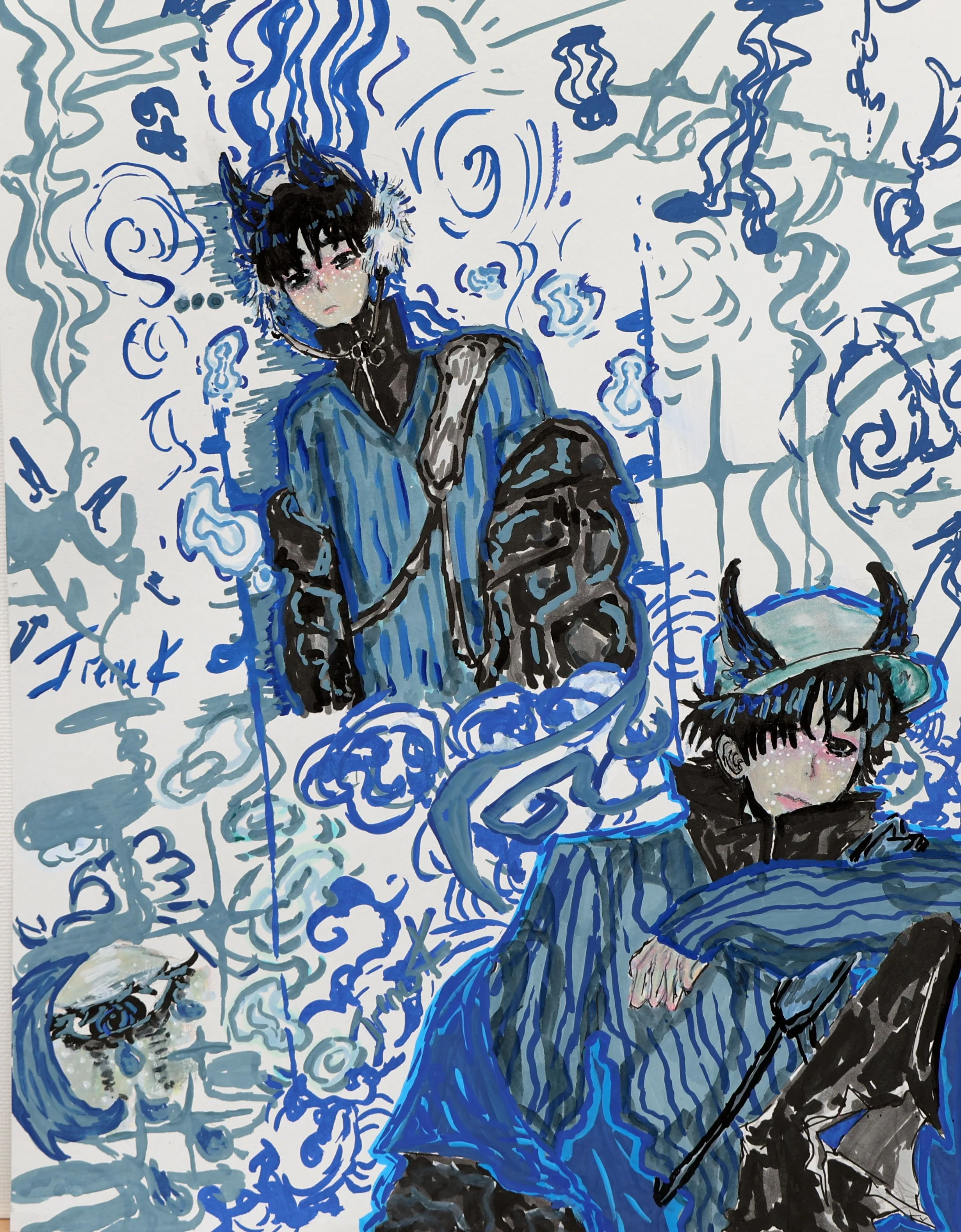 A colorful illustration featuring two characters with horns and blue hair, dressed in blue and black clothing, surrounded by swirling abstract patterns.