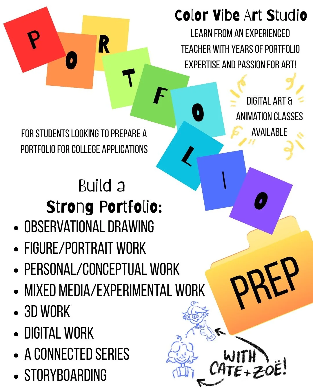 Color Vibe Art Studio flyer promoting digital art and animation classes, with colorful squares spelling 'PROFESSIONAL,' text about building strong portfolios, and illustrations of children with cartoon characters.