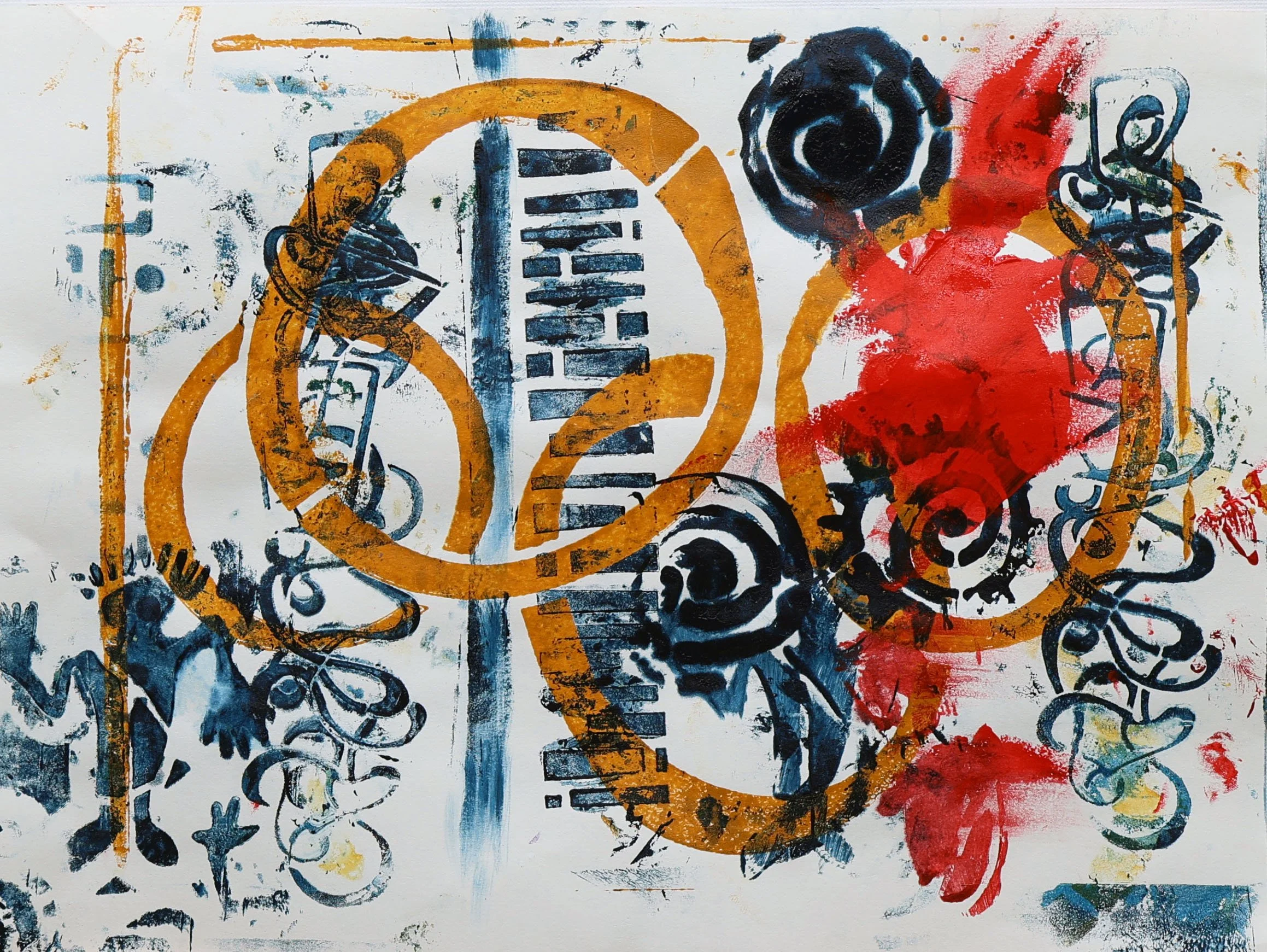 Abstract graffiti art featuring black and blue swirling patterns, orange circles, red splashes, and stylized text on a white background.