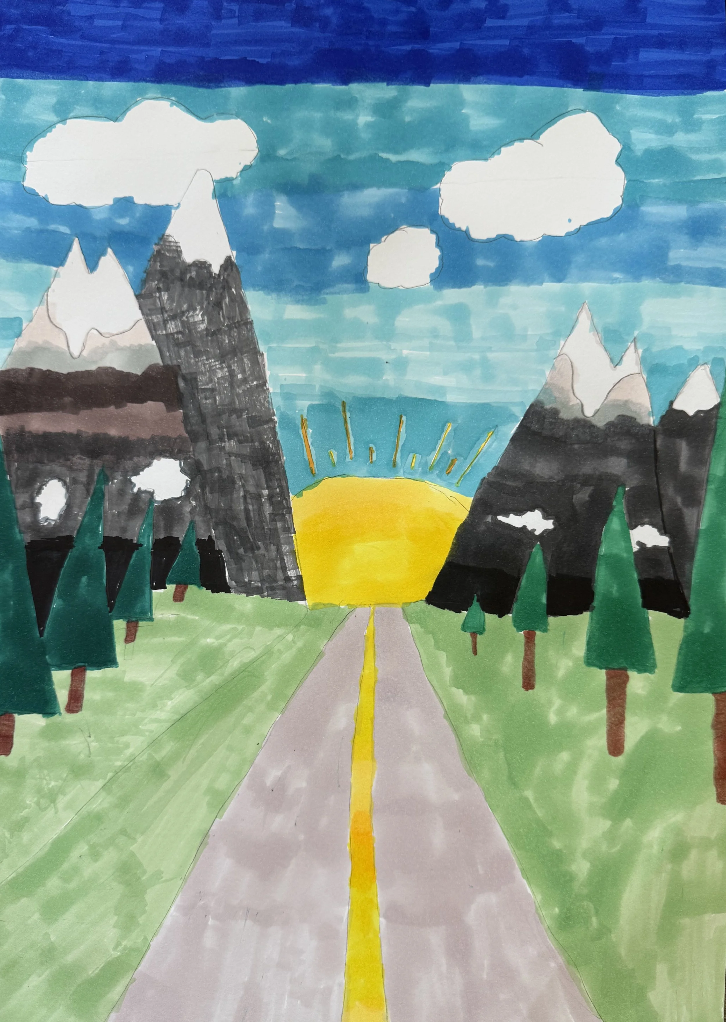 A colorful drawing of a landscape with mountains, trees, a road with a yellow dividing line, and a sunrise in the background.