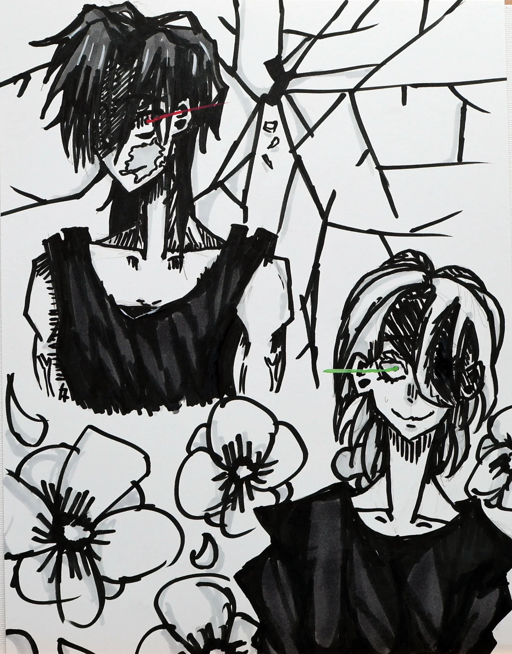Black and white illustration of two smiling characters, one with messy hair and glasses, and the other with wavy hair, surrounded by flowers and a cracked glass pattern background.