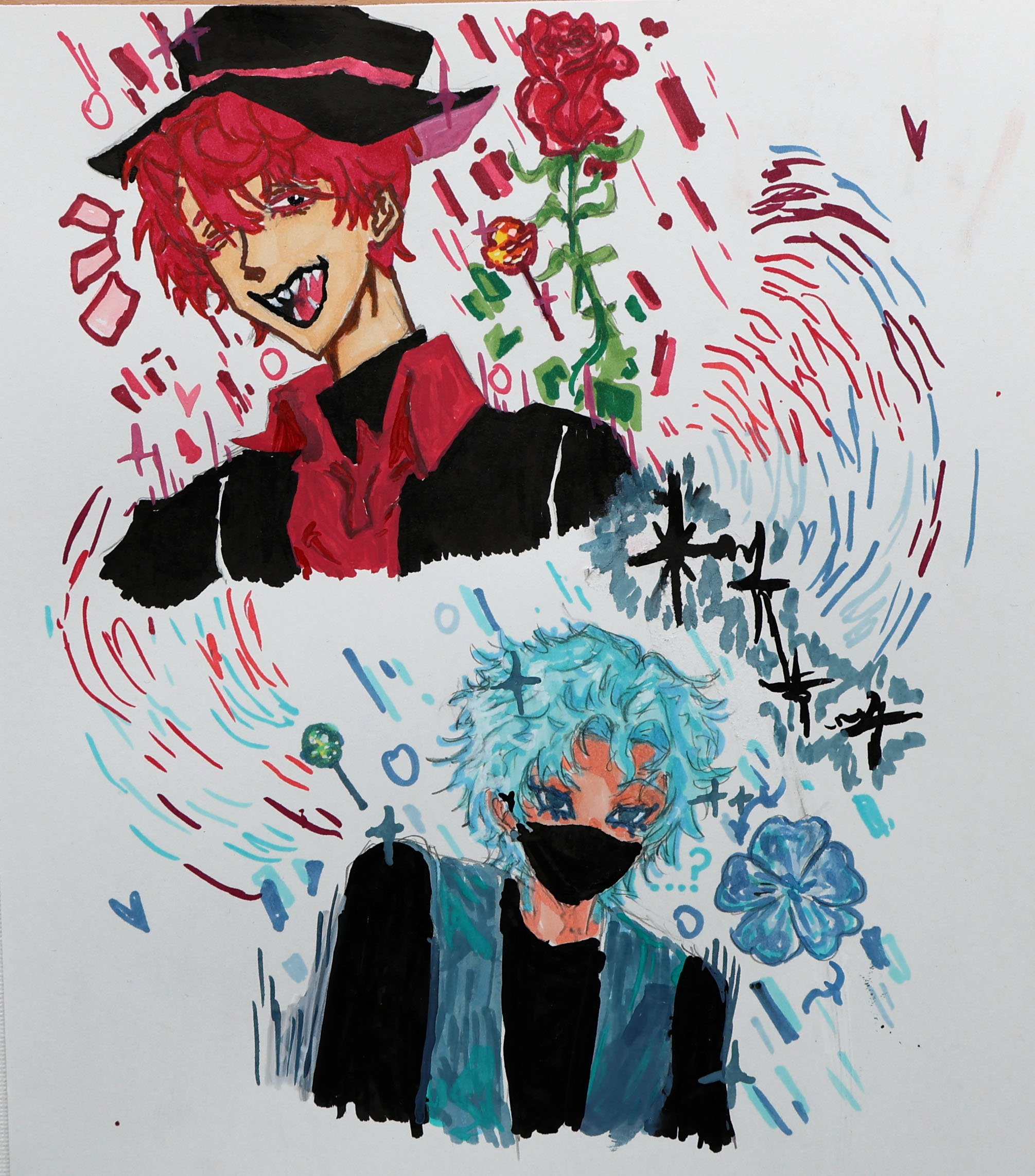 A colorful illustration of two anime-style characters with vibrant hair colors, wearing masks. The upper character has red hair, a witch hat, and a red and black outfit, surrounded by pink and red symbols and a red rose. The lower character has light
