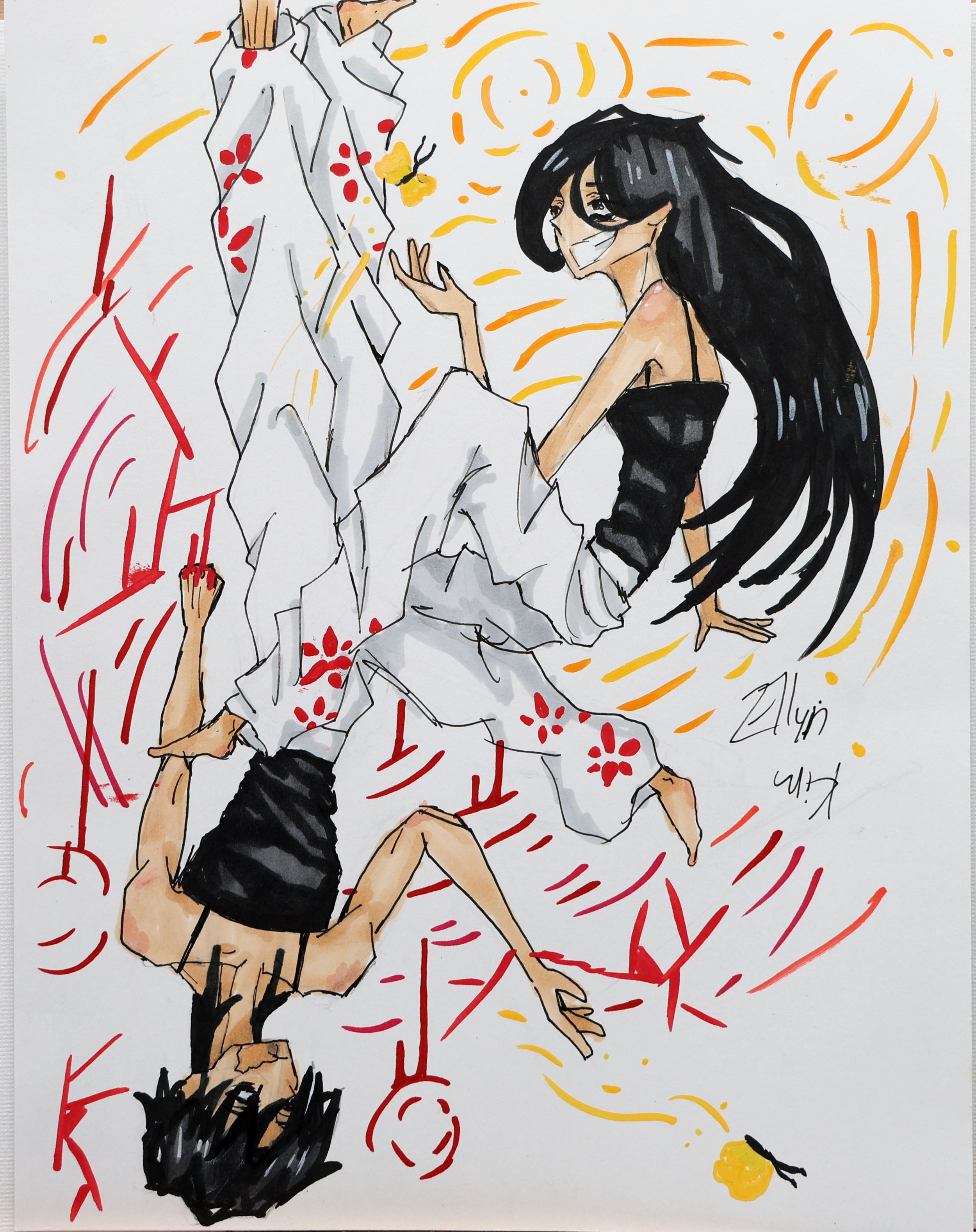 A colorful illustration of two women with long black hair, one with glasses and a bandage on her face, and the other lying on the ground. The women are surrounded by yellow and orange swirling lines, with red floral patterns on their white clothing. 