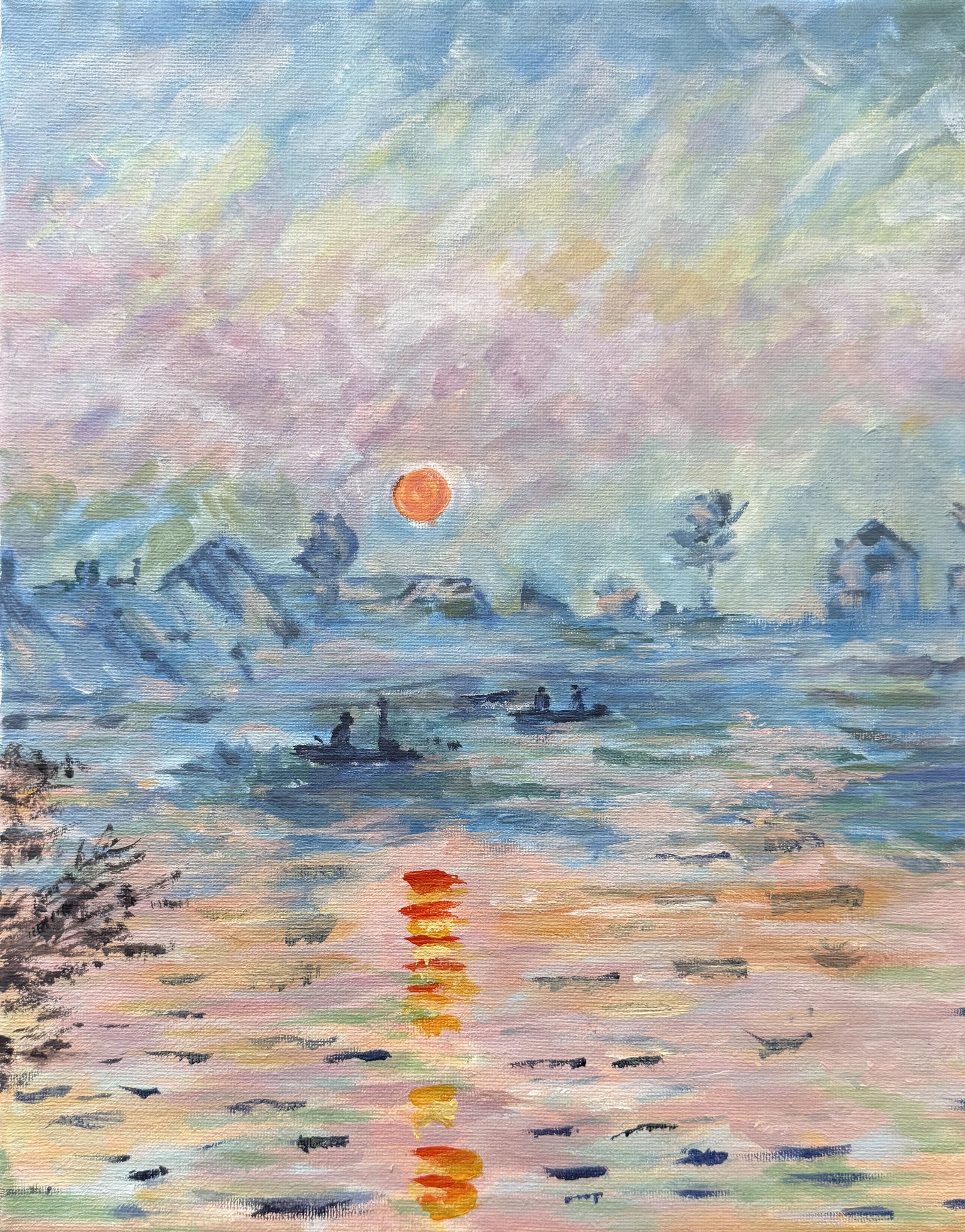 Impressionist painting of a sunset over a body of water with boats and trees in the foreground, using soft pastel colors.