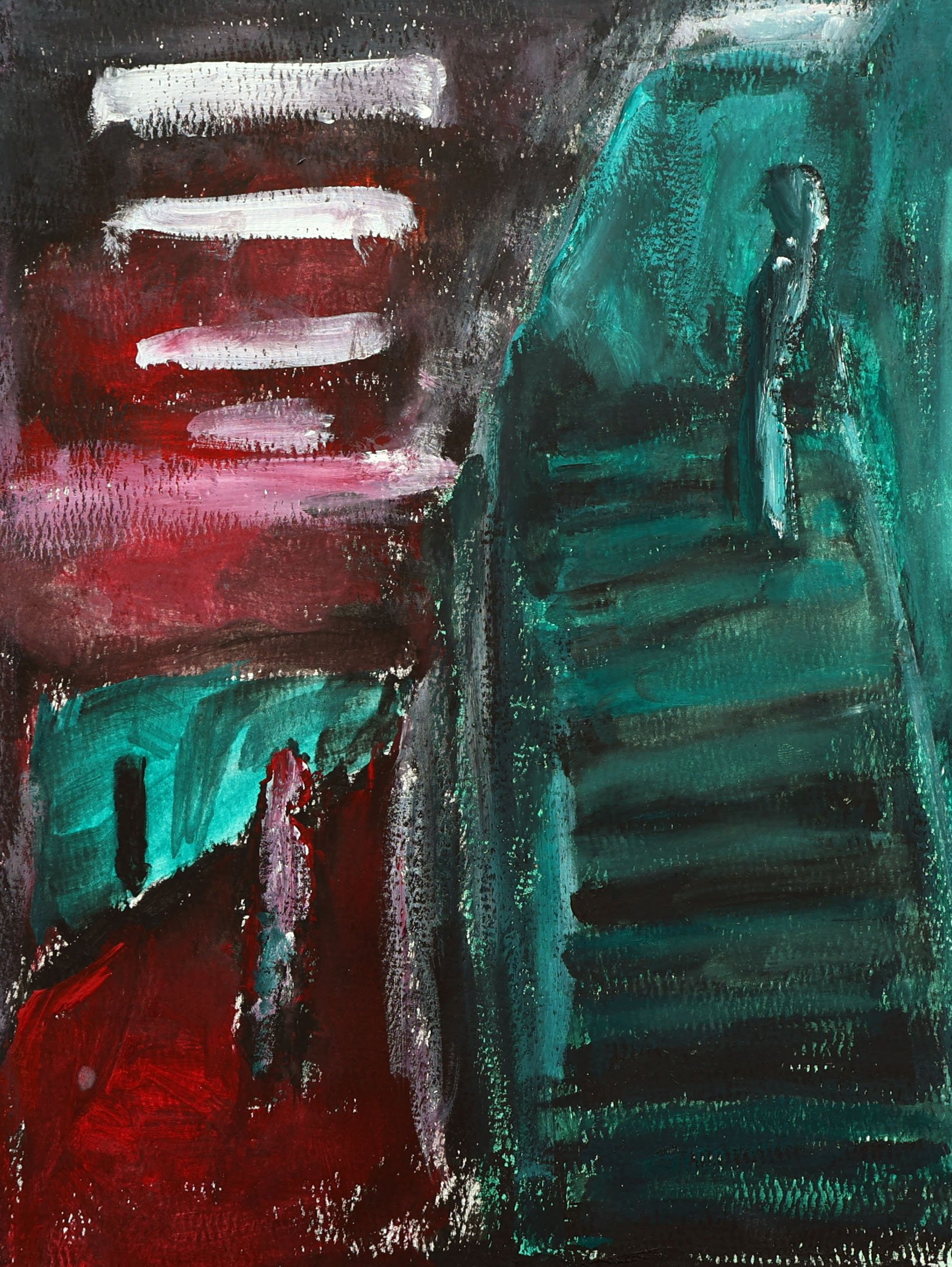 Abstract painting with dark red, black, white, pink, and teal brushstrokes, with a figure silhouette on the right side.