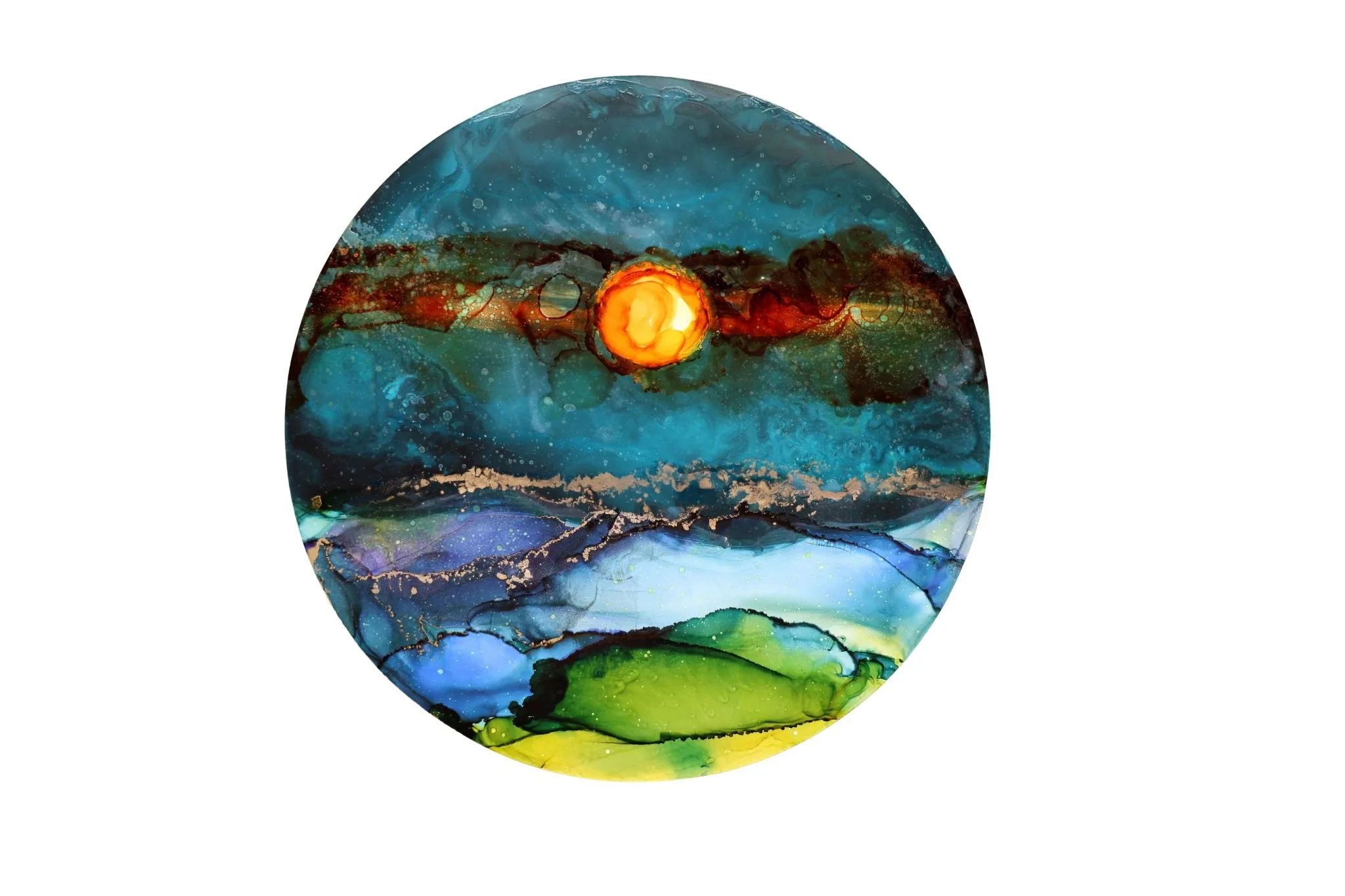 Abstract circular painting with a vibrant, colorful landscape featuring a bright orange sun or planet in the sky, surrounded by swirling blue, green, and earthy tones.