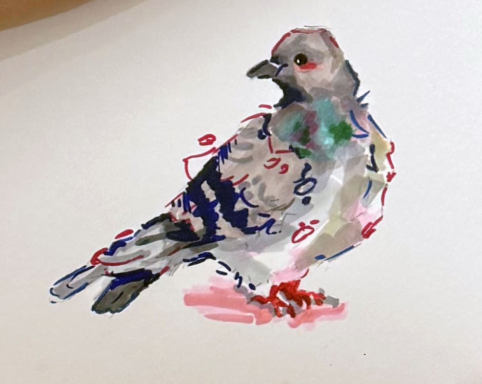A colorful abstract painting of a pigeon on a white background.