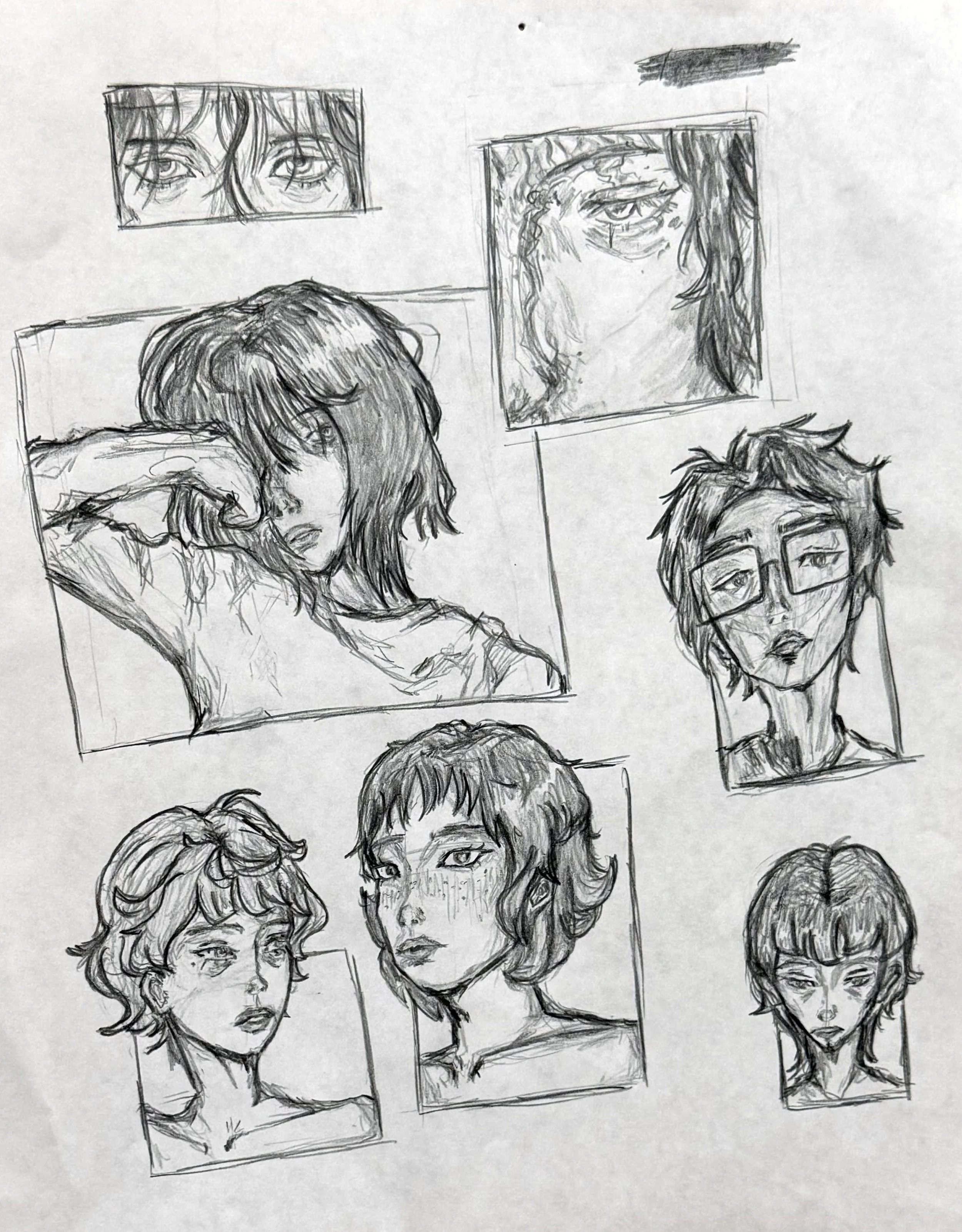 Sketches of various female faces and a woman with short hair, some with glasses, showing different expressions and poses.
