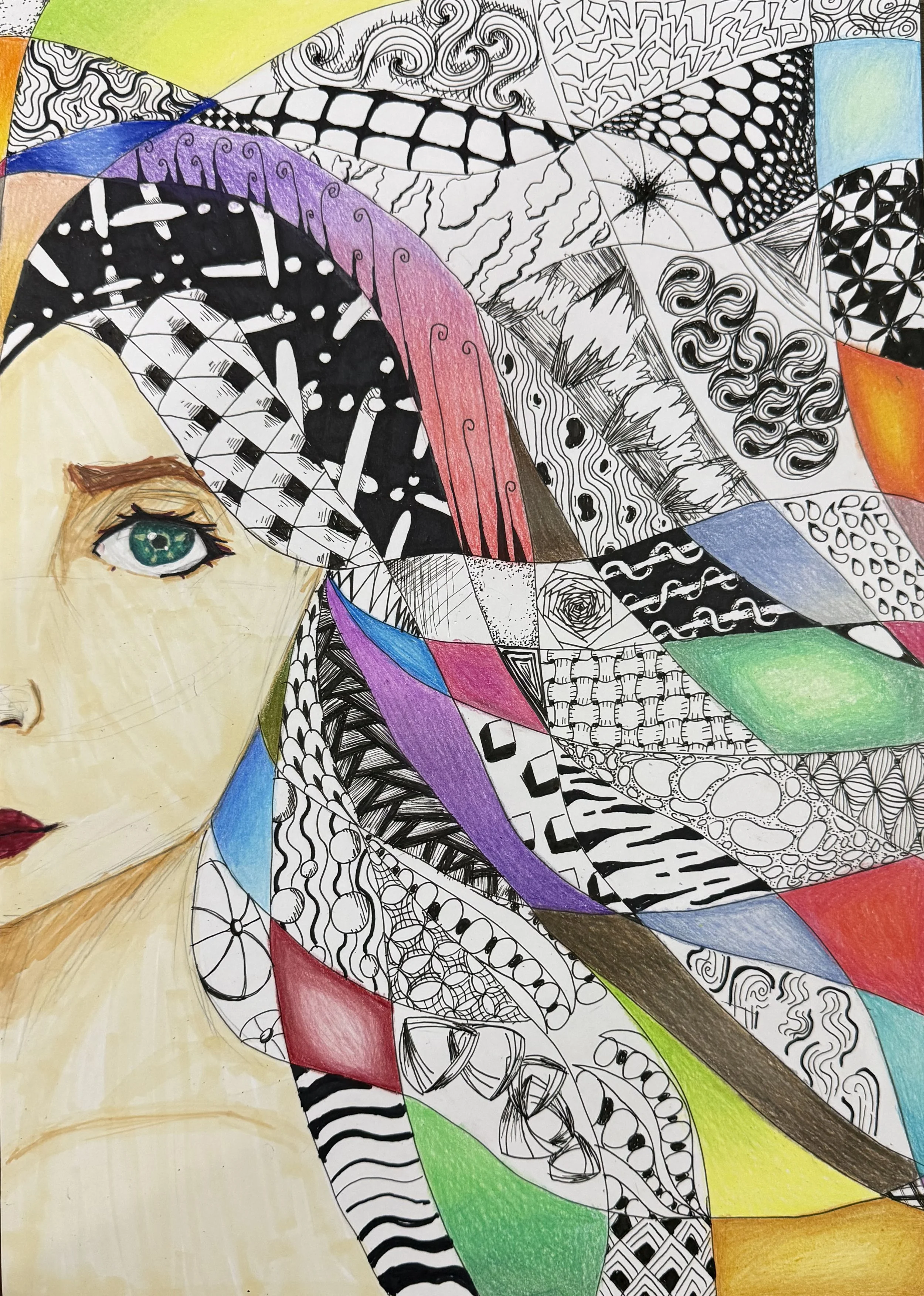 A mixed media artwork featuring a partially realistic human face with an eye and a combination of abstract patterns and colorful geometric shapes.