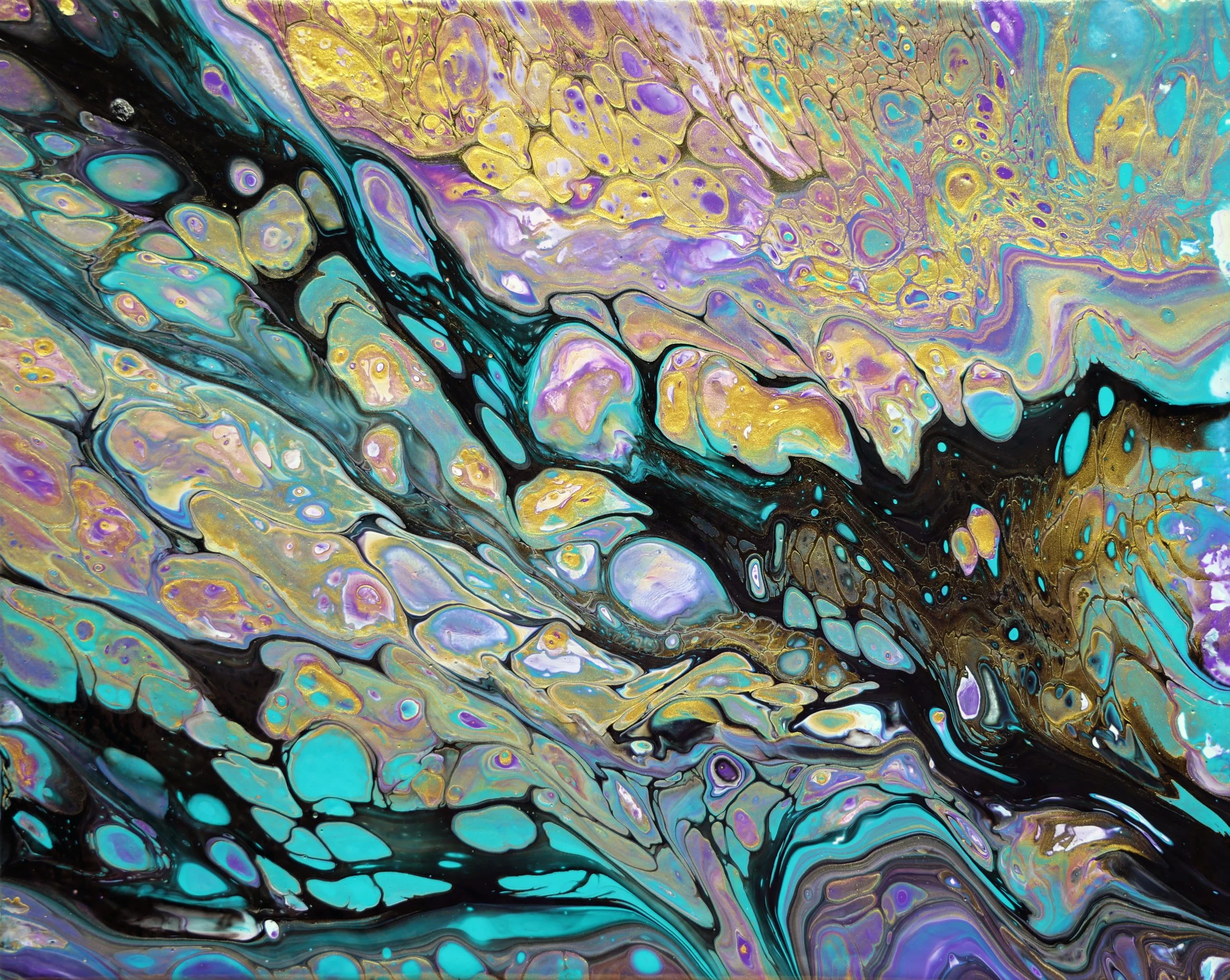Abstract painting with swirling patterns of turquoise, purple, gold, black, and white colors.