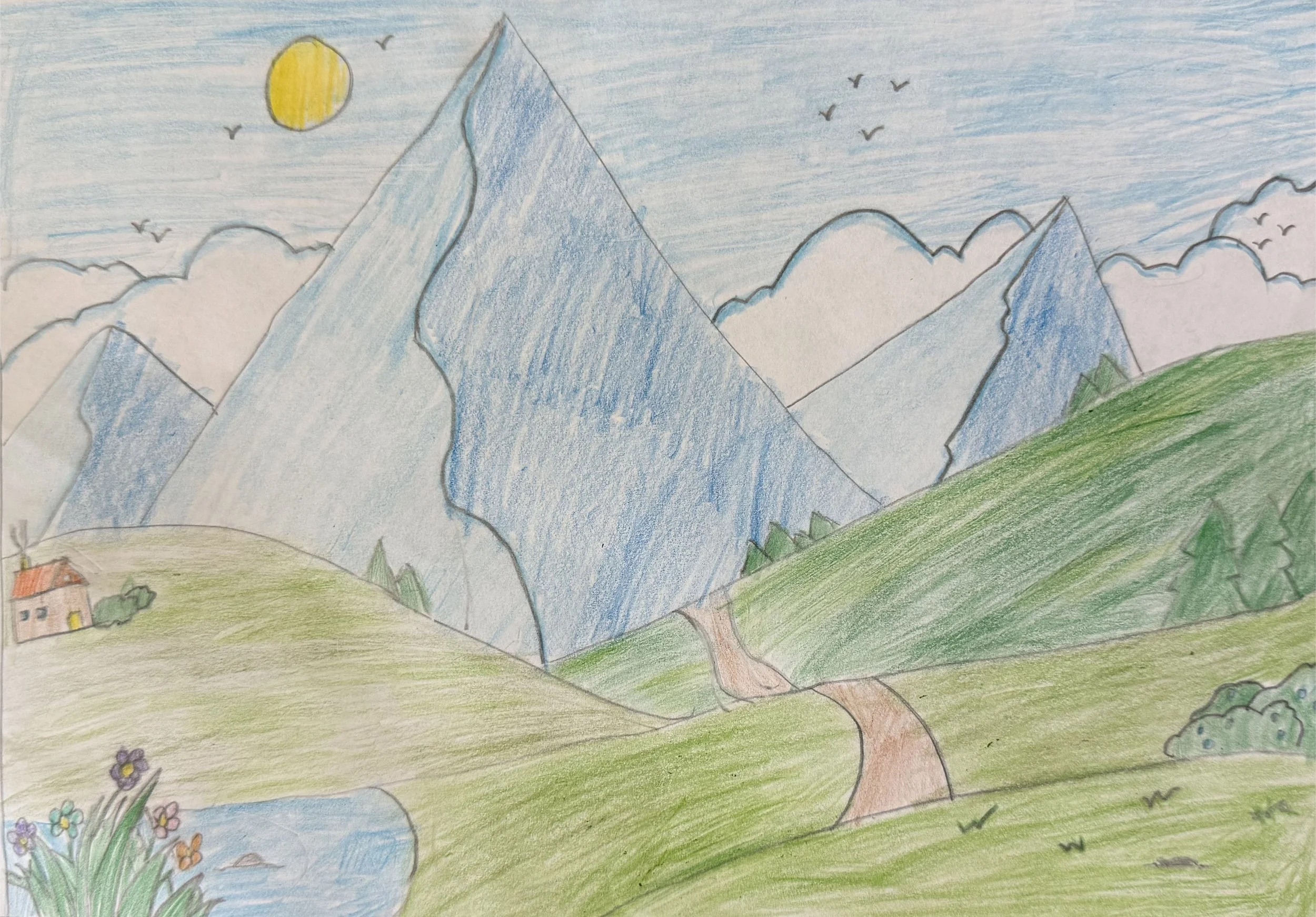 Colorful drawing of mountains with a yellow sun, blue sky, and green foreground with flowers and a river.