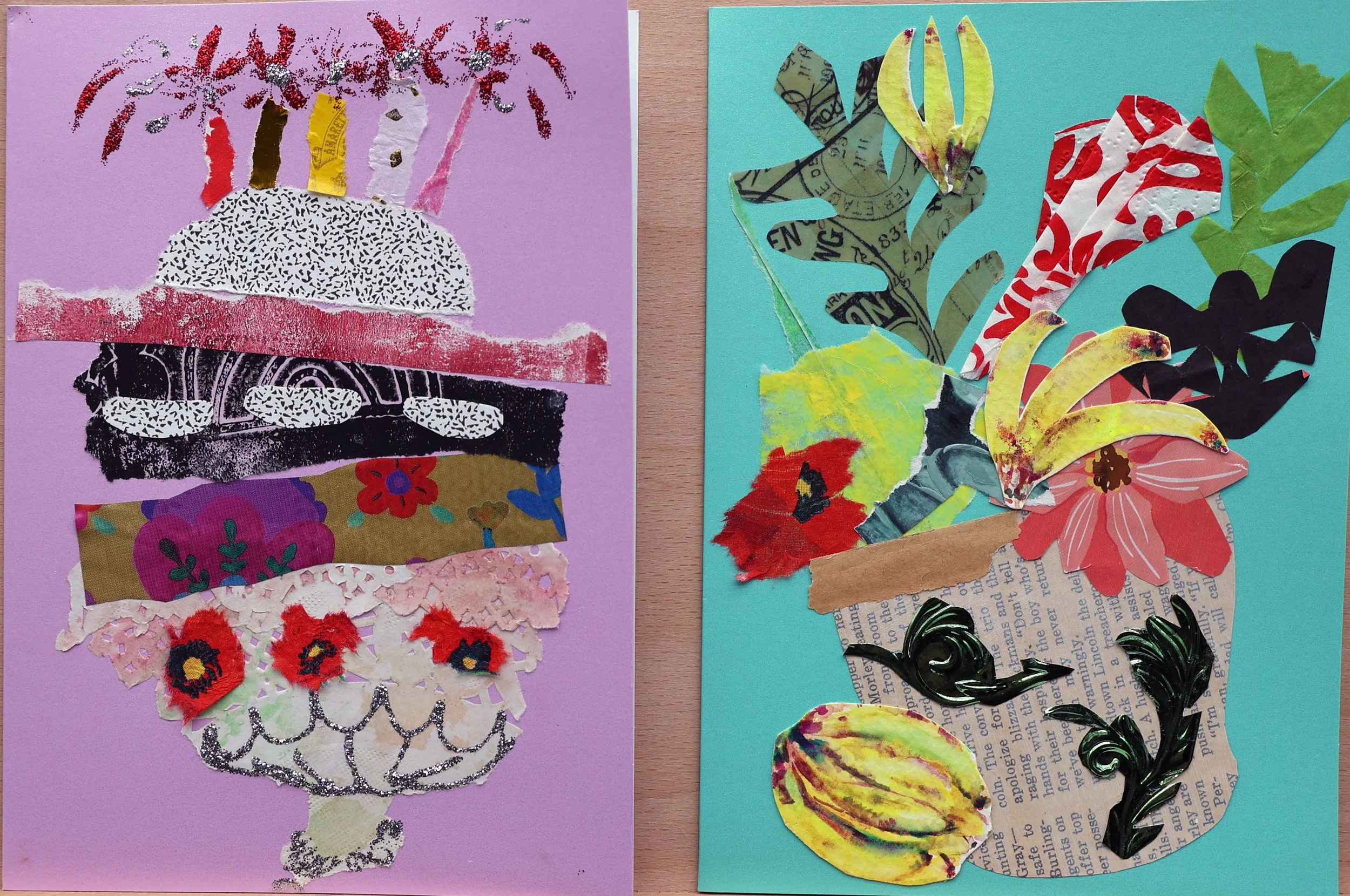Collage of two handmade artwork pieces featuring various cut-out paper shapes and textures. The left piece depicts a layered sugar skull with colorful floral and decorative patterns on a purple background. The right piece shows an arrangement of plan