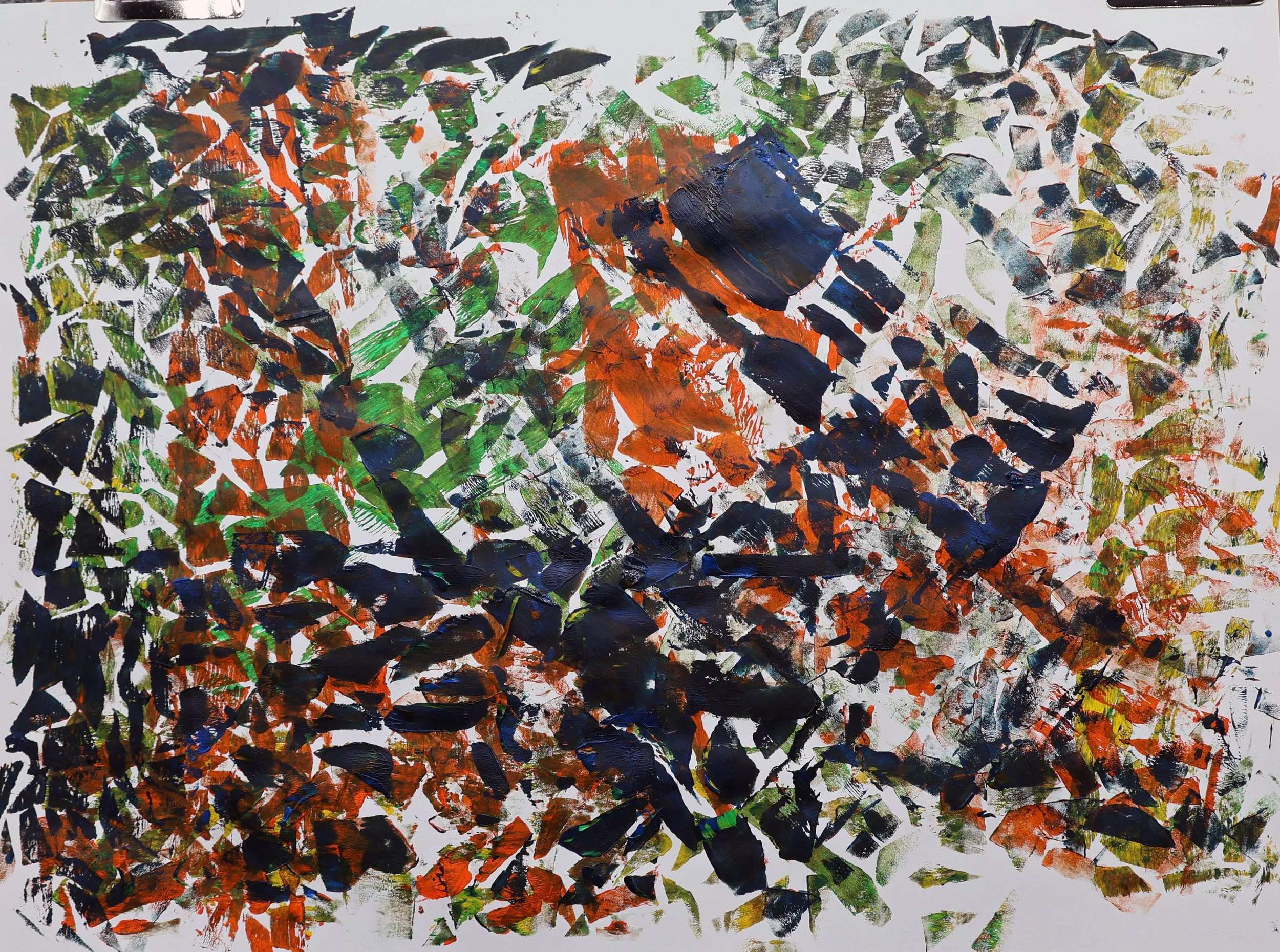 Abstract expressionist painting with bold, textured strokes of black, red, green, blue, yellow, and white paint on a white canvas.