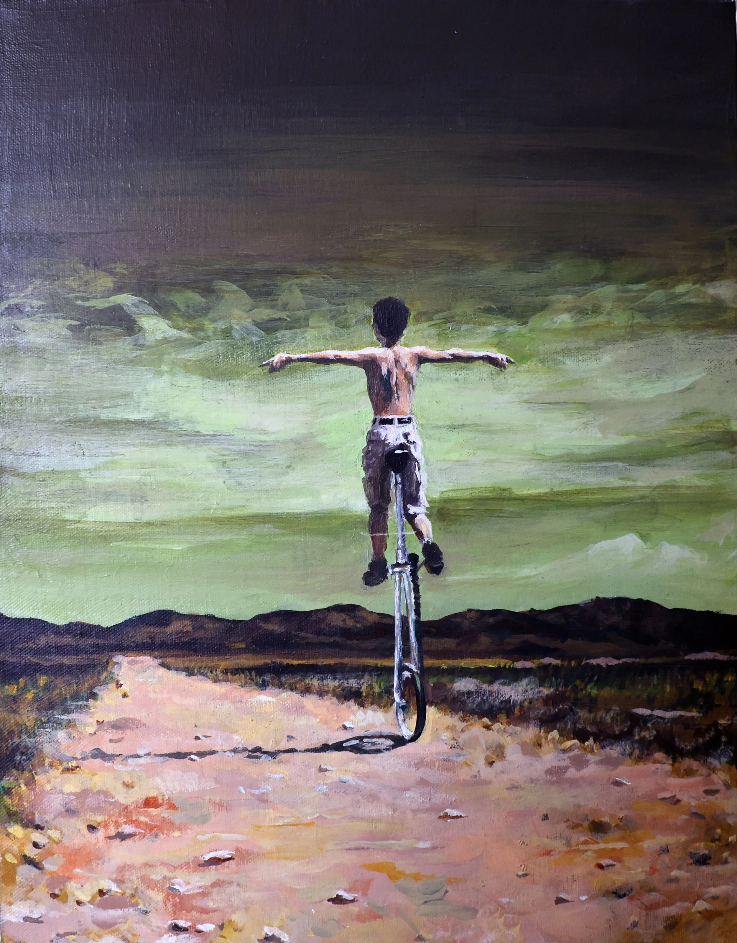 Painting of a boy balancing on a unicycle on a dirt path with arms outstretched, mountains in the background, under a cloudy sky.