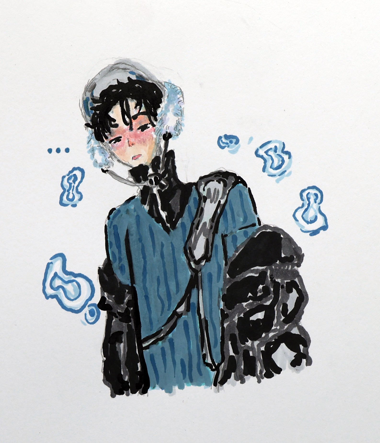 Drawing of a person wearing a winter hat and coat, with a scarf, looking slightly to the side, surrounded by blue steam shapes indicating coldness.