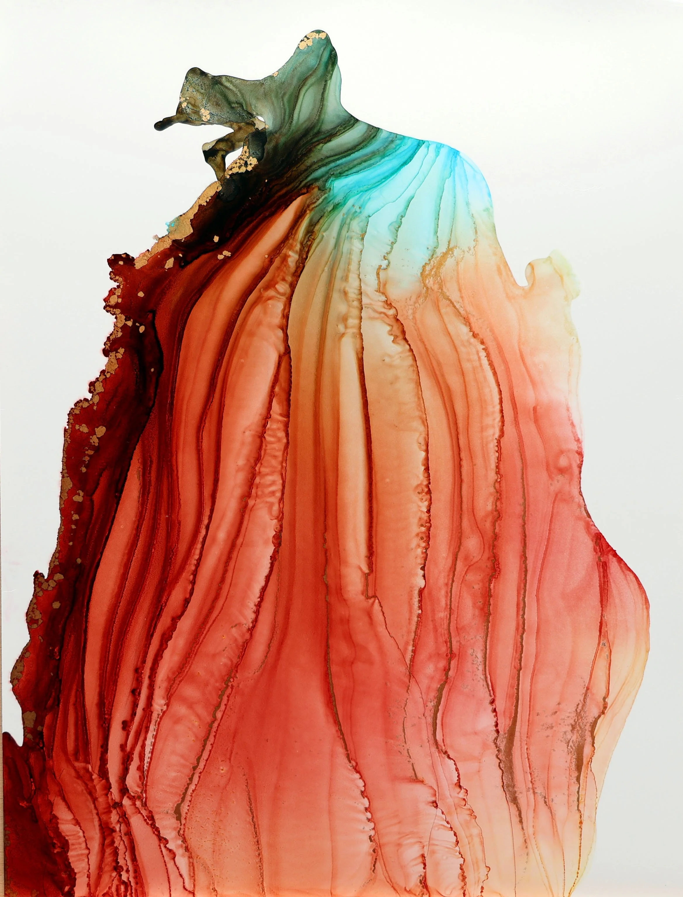 Abstract watercolor painting with flowing lines in red, orange, blue, with hints of green and gold details on white background.