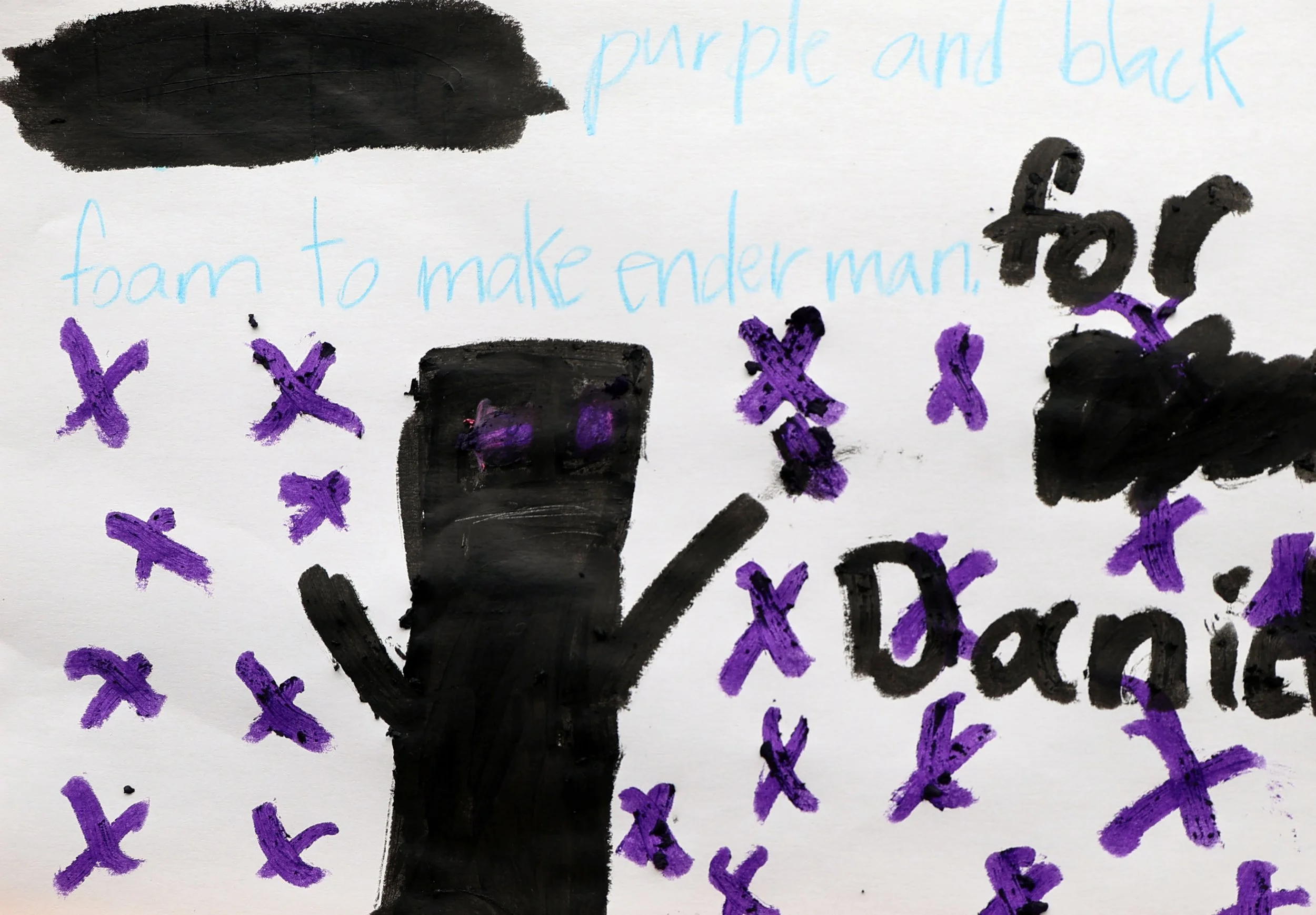 Child's drawing of a black and purple iron surrounded by purple 'X' marks and writing explaining how to make an iron man figure with black foam to make an iron man costume.