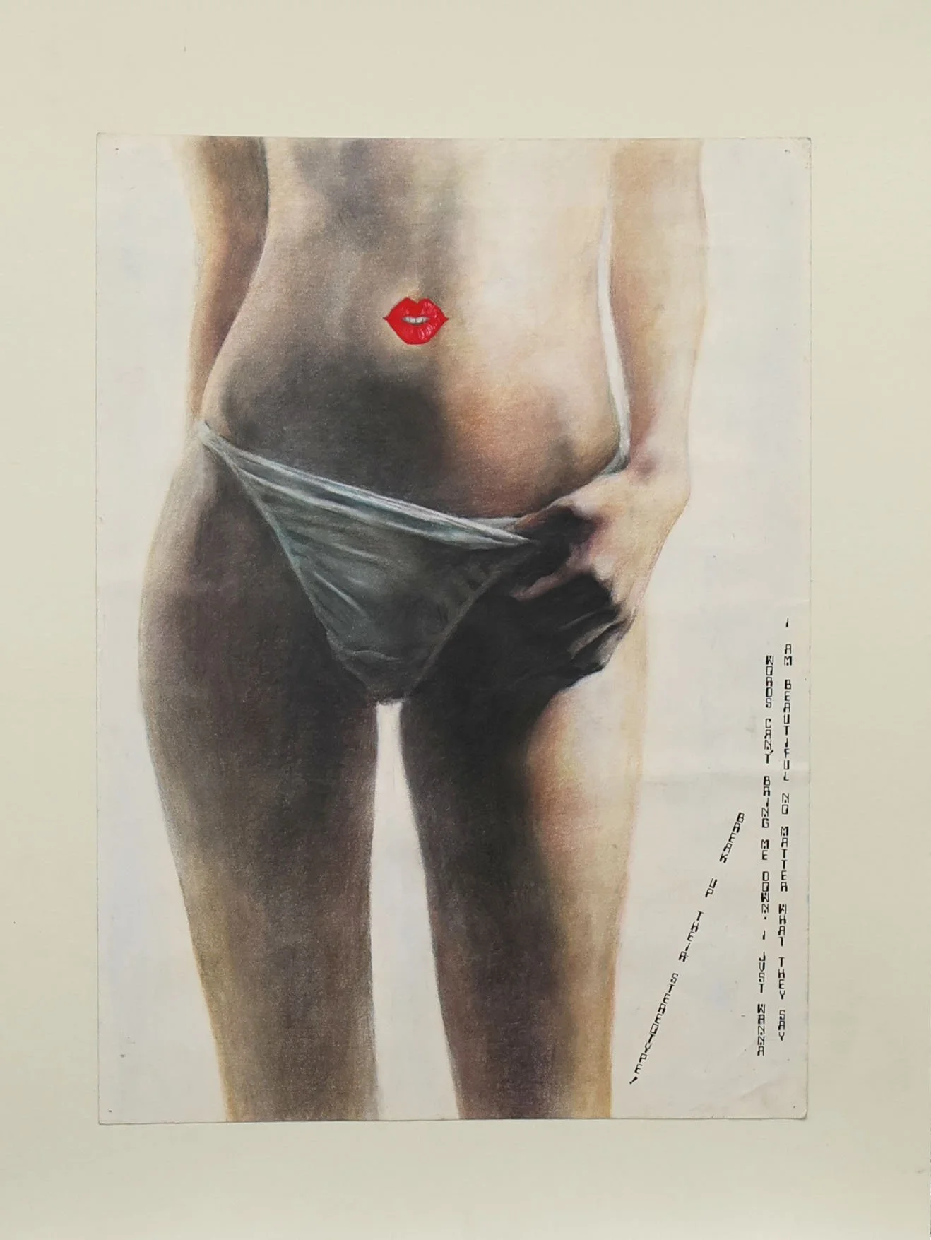 A drawing of a woman's lower torso with red lips painted on her navel, her hand pulling down her underwear, partially exposing her hips and thighs.