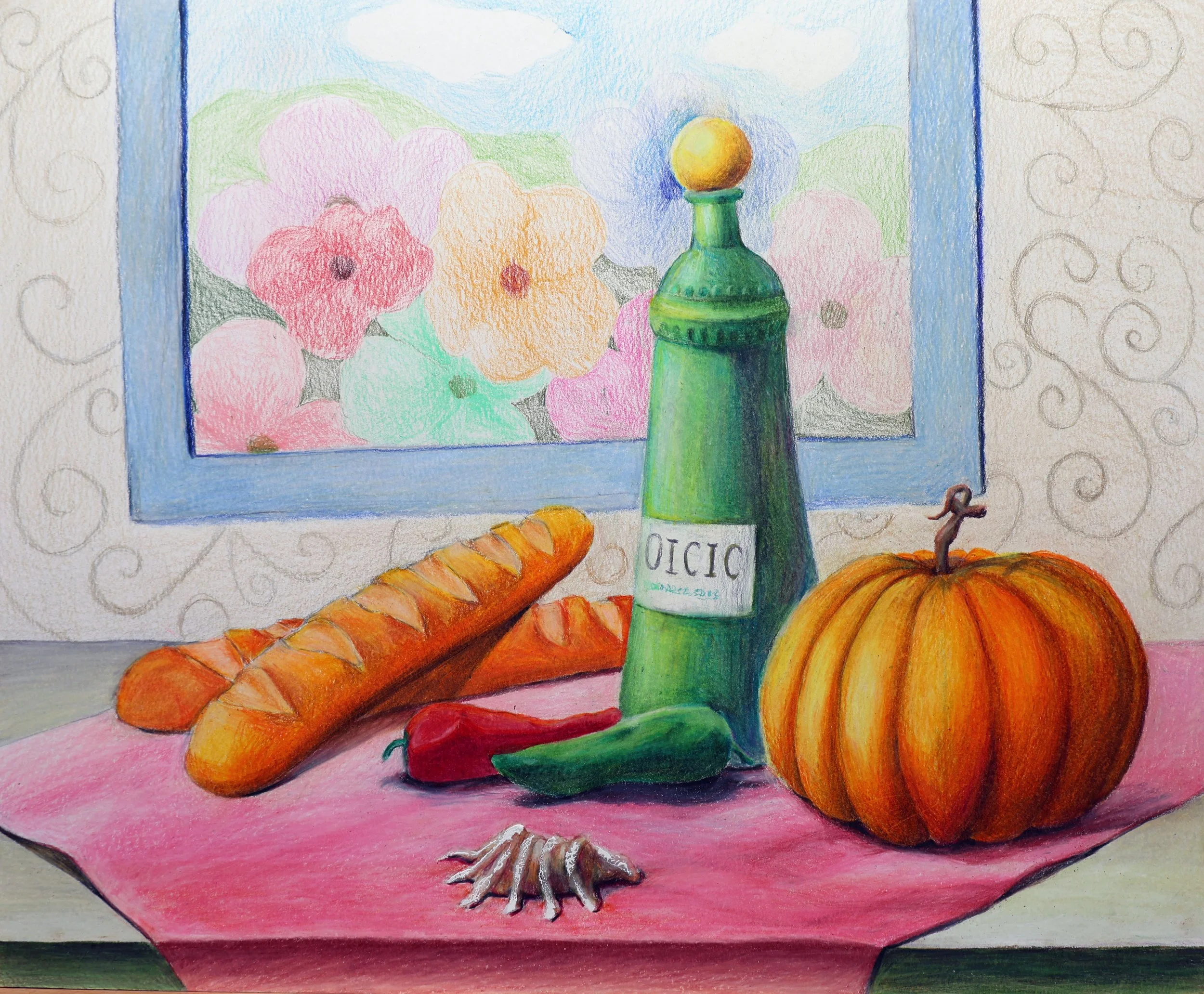 Colorful still life painting of a pumpkin, bread, a chili pepper, a green bottle with a white label, and a seashell on a pink cloth, with a window showing cartoon-like flowers and sky in the background.