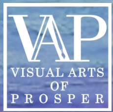 Logo of Visual Arts of Prosper (VAP) with a blue sky background and white text.