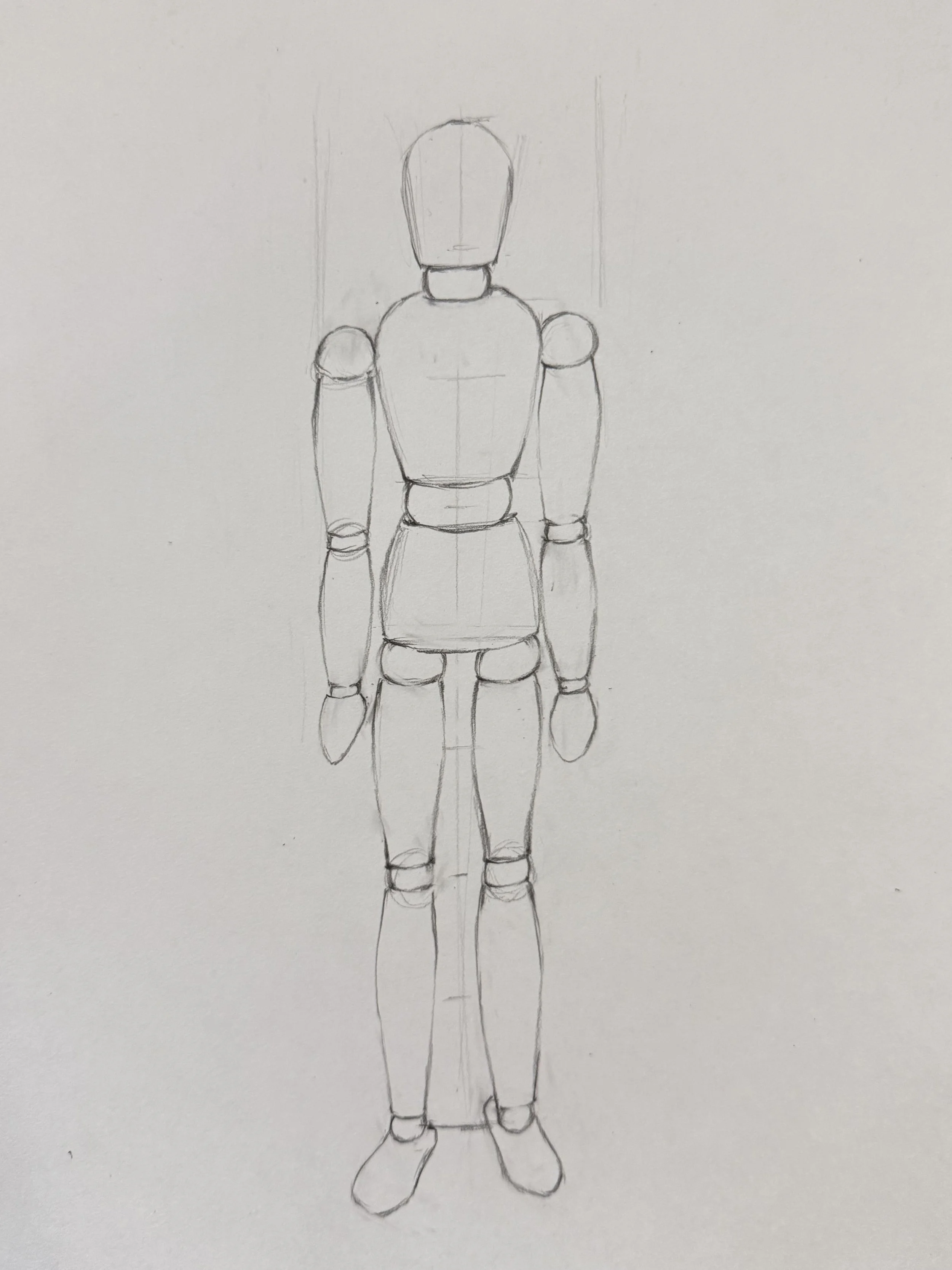 A hand-drawn sketch of a humanoid figure with an oval-shaped head, outlined with simple lines, standing upright on a blank background.
