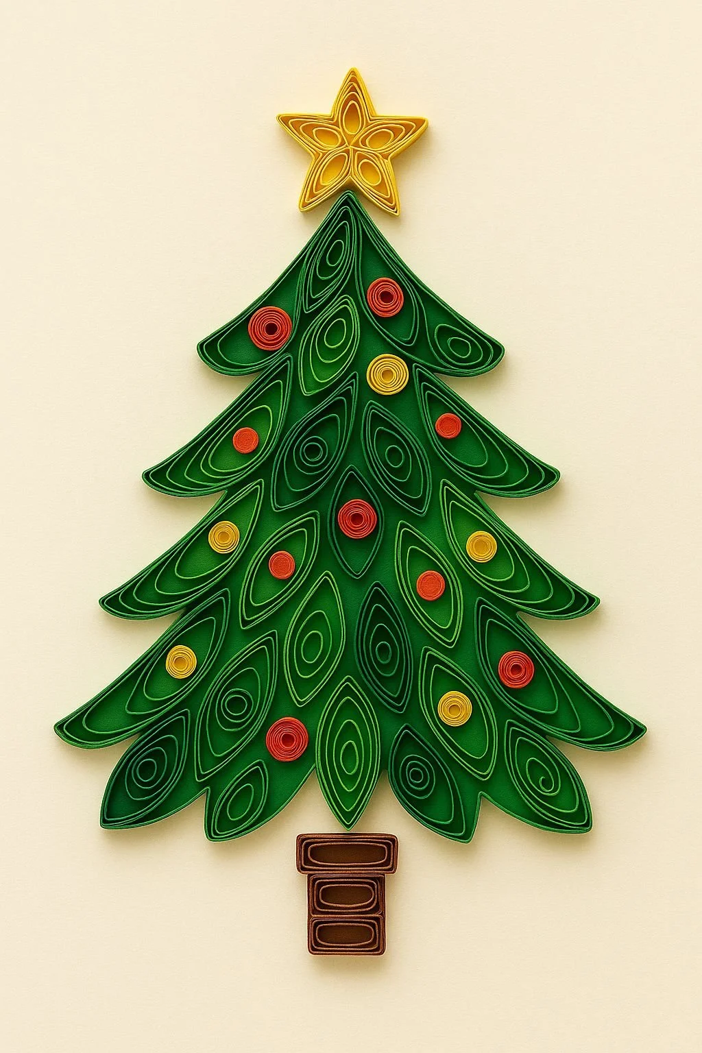 Quilled paper art of a decorated Christmas tree with a yellow star on top and a brown present at the base, against a light background.