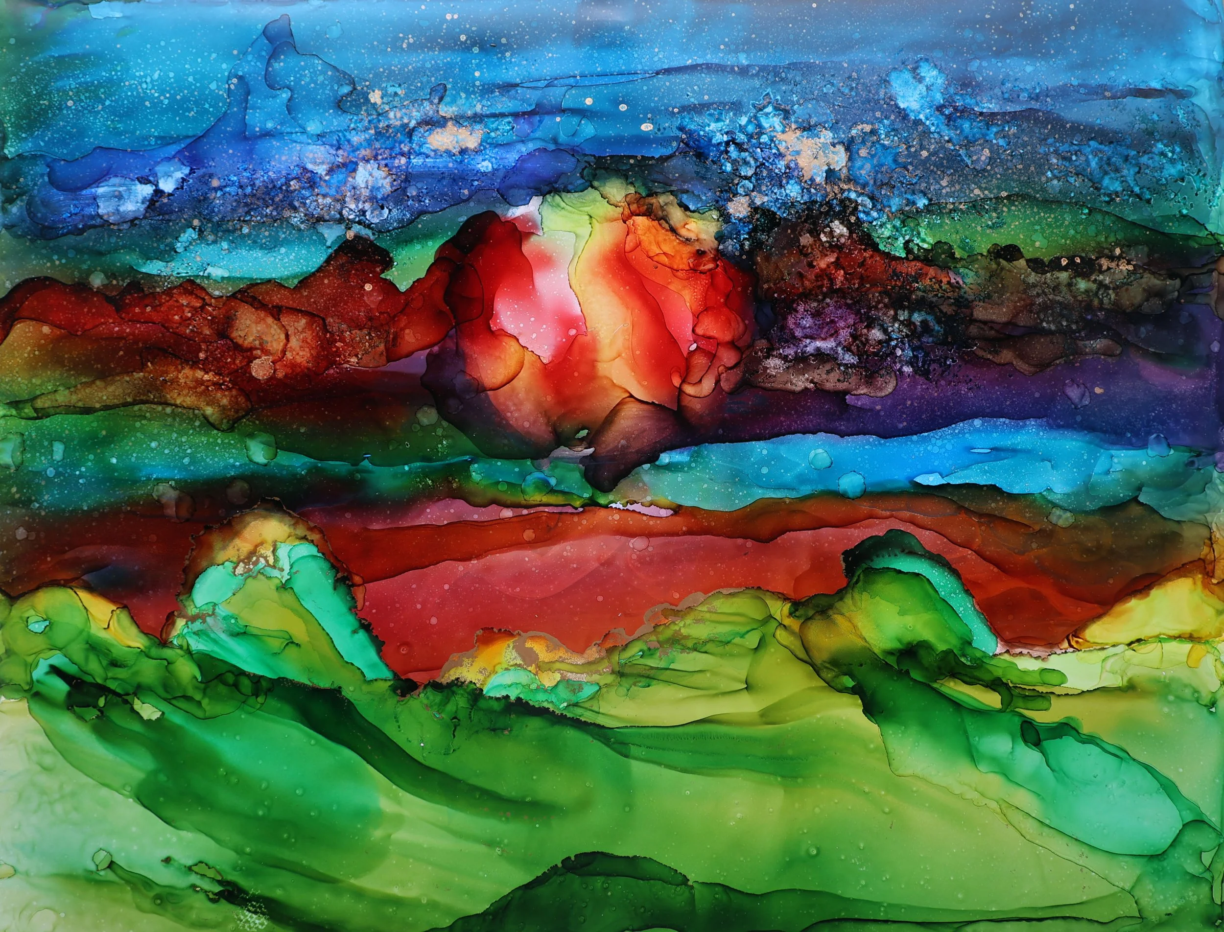 Abstract watercolor landscape with vibrant colors, depicting a sunset or sunrise over mountains and green fields.