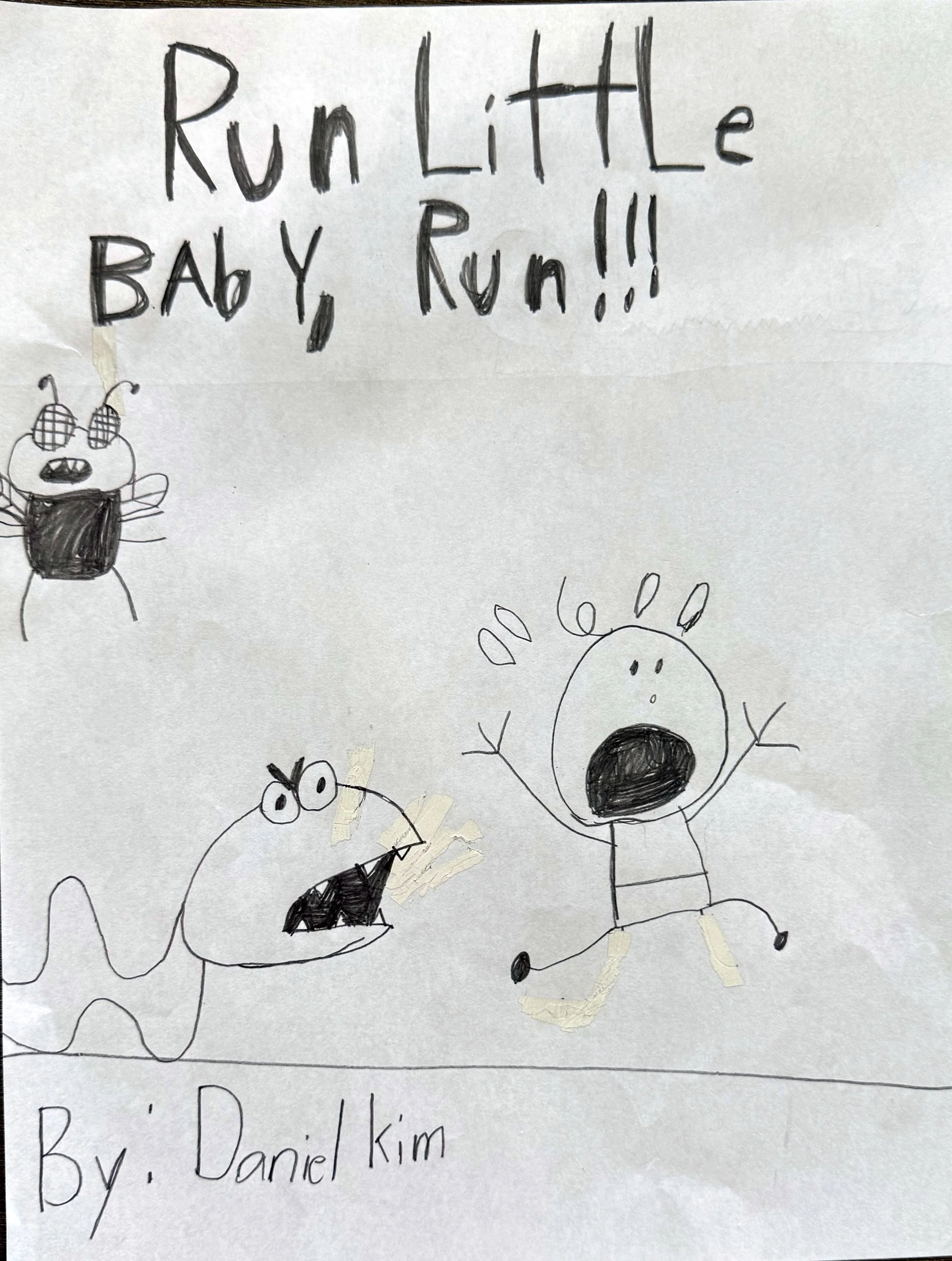 Child's drawing with the text 'Run Little Baby, Run!!!' and 'By: Daniel Kim'. The image features a cartoon-style drawing of a surprised baby running away from a monster with big eyes and sharp teeth, and a fly or bug above.