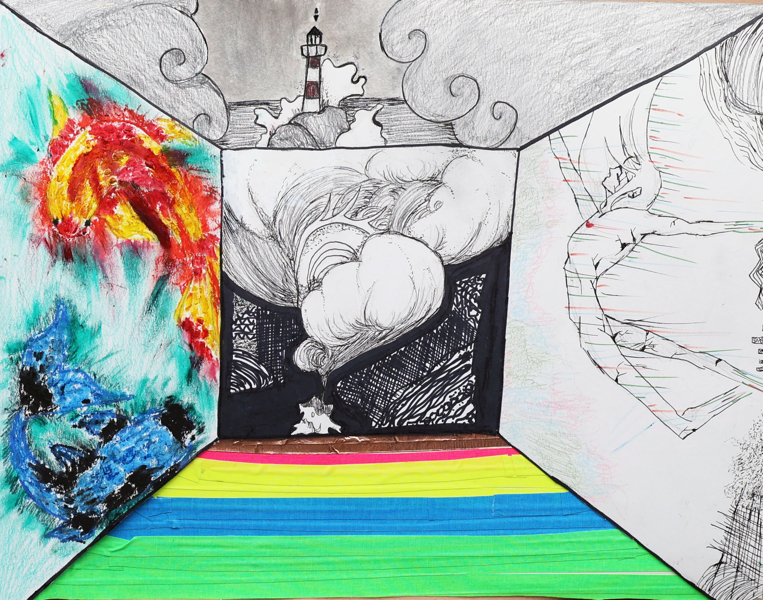 A three-sided art installation with various drawings and paintings. The left panel features an abstract watercolor with vibrant red, yellow, green, and blue colors. The center panel displays black and white sketchy drawings of clouds and smoke. The r