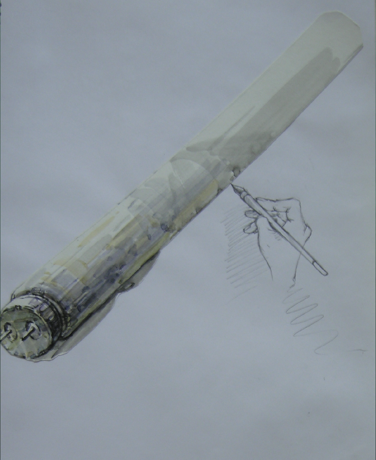 A detailed drawing of a mechanical or electronic device with a hand sketch of a hand holding a pen or stylus, creating the sketch on the device.