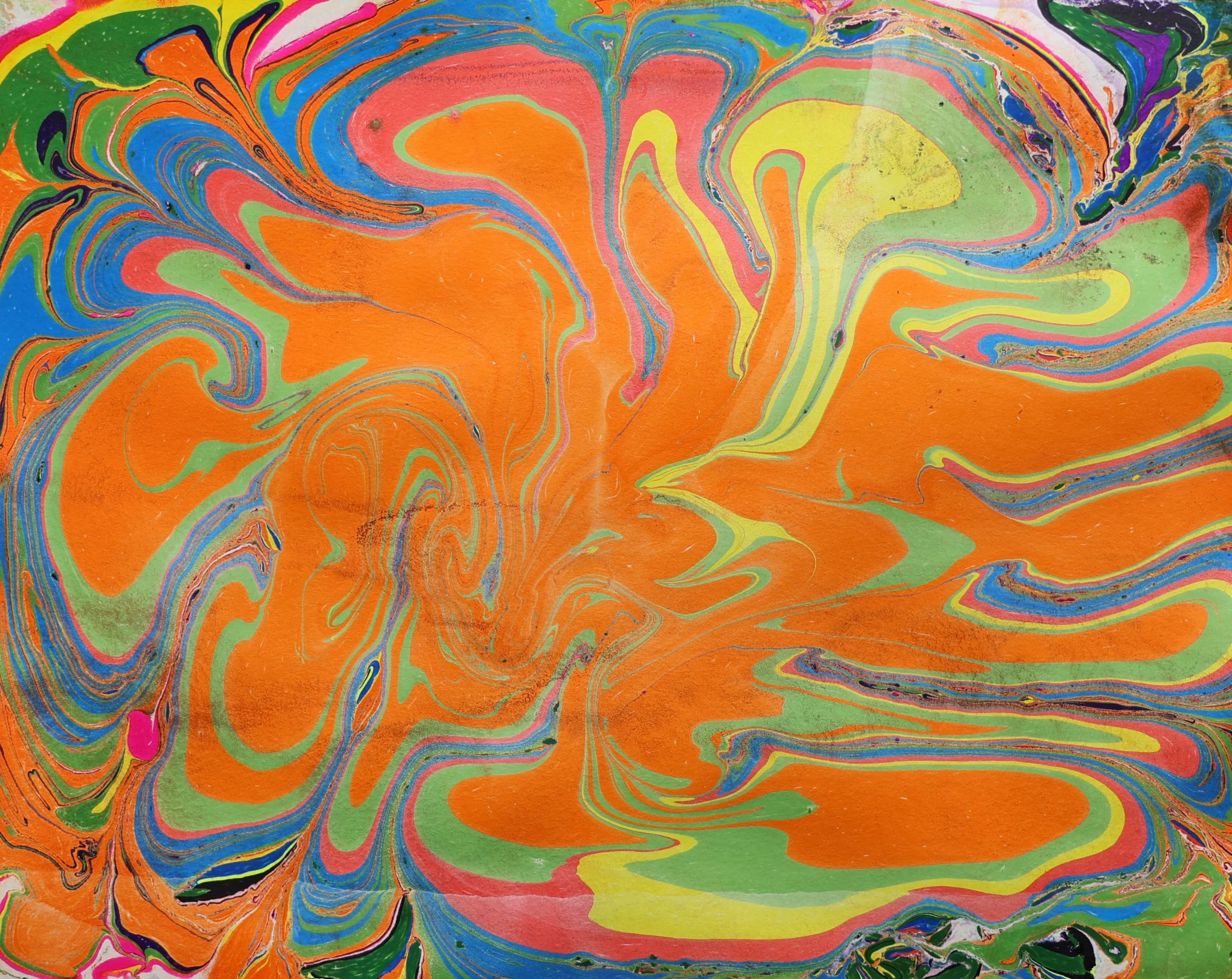 Abstract swirling pattern with bright orange, green, yellow, blue, pink, black, and purple colors.