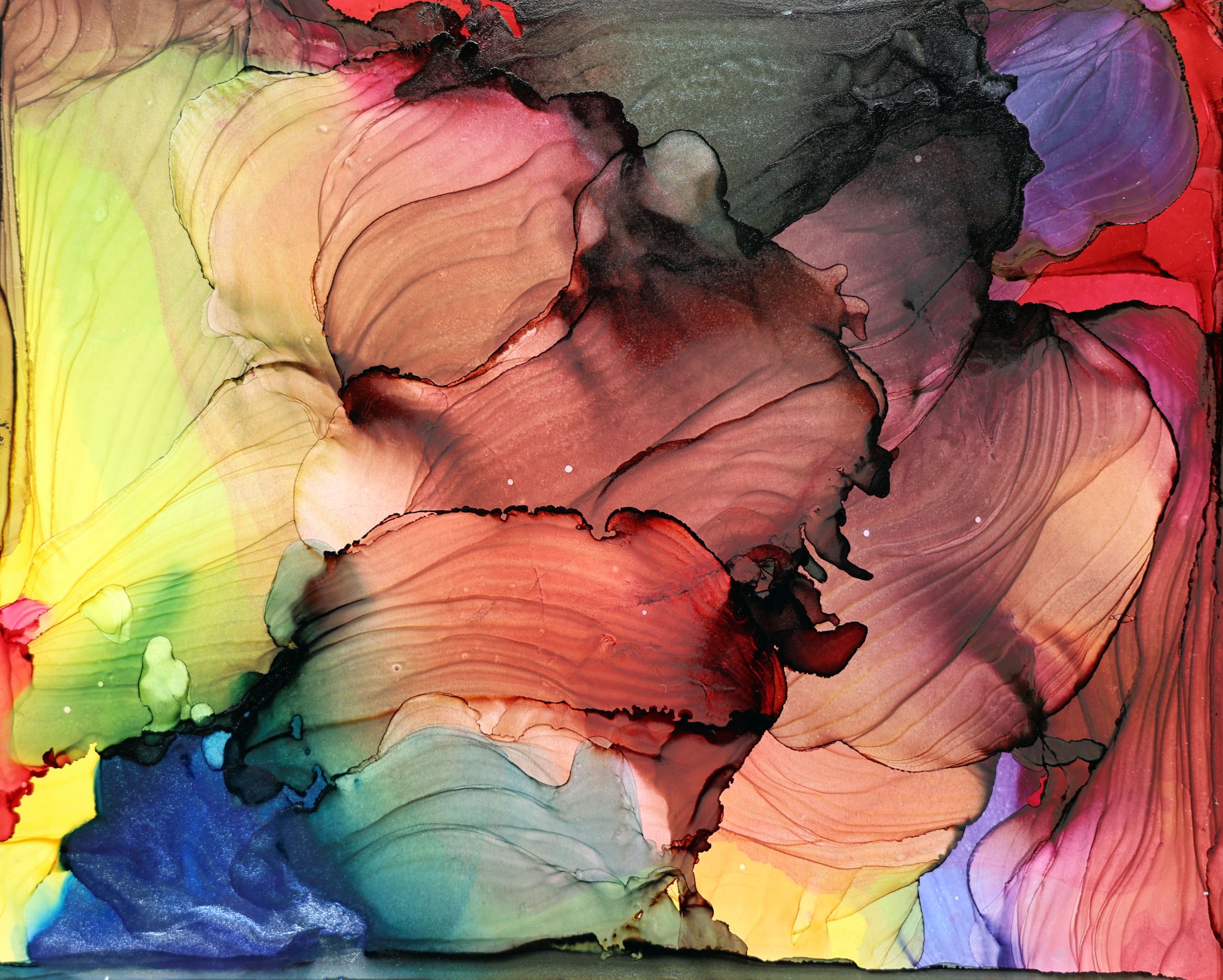 Abstract watercolor painting with swirls of red, pink, yellow, green, blue, black, and purple.