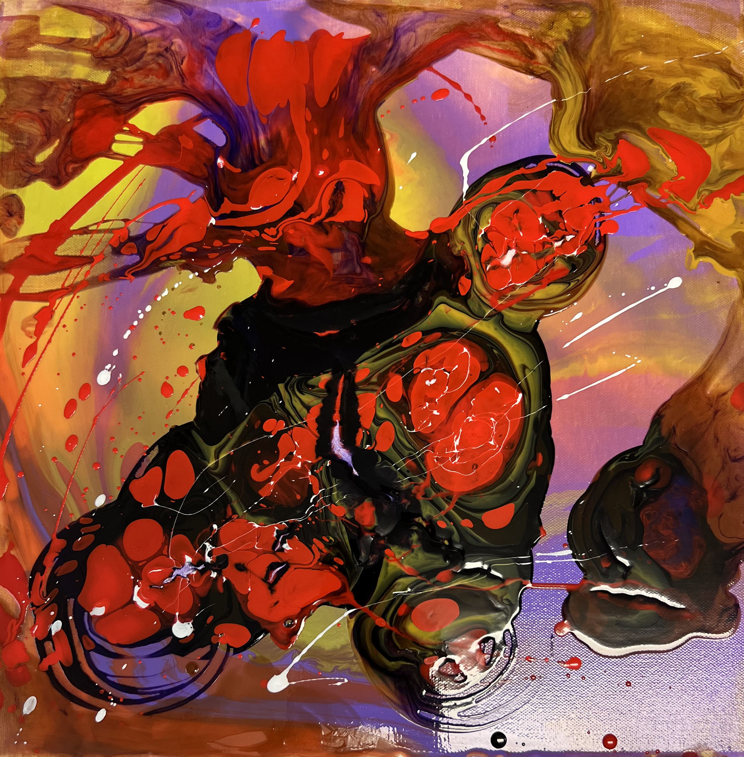 An abstract painting with swirling patterns and splashes of vibrant colors including red, black, purple, yellow, white, and hints of orange, creating a dynamic and energetic composition.
