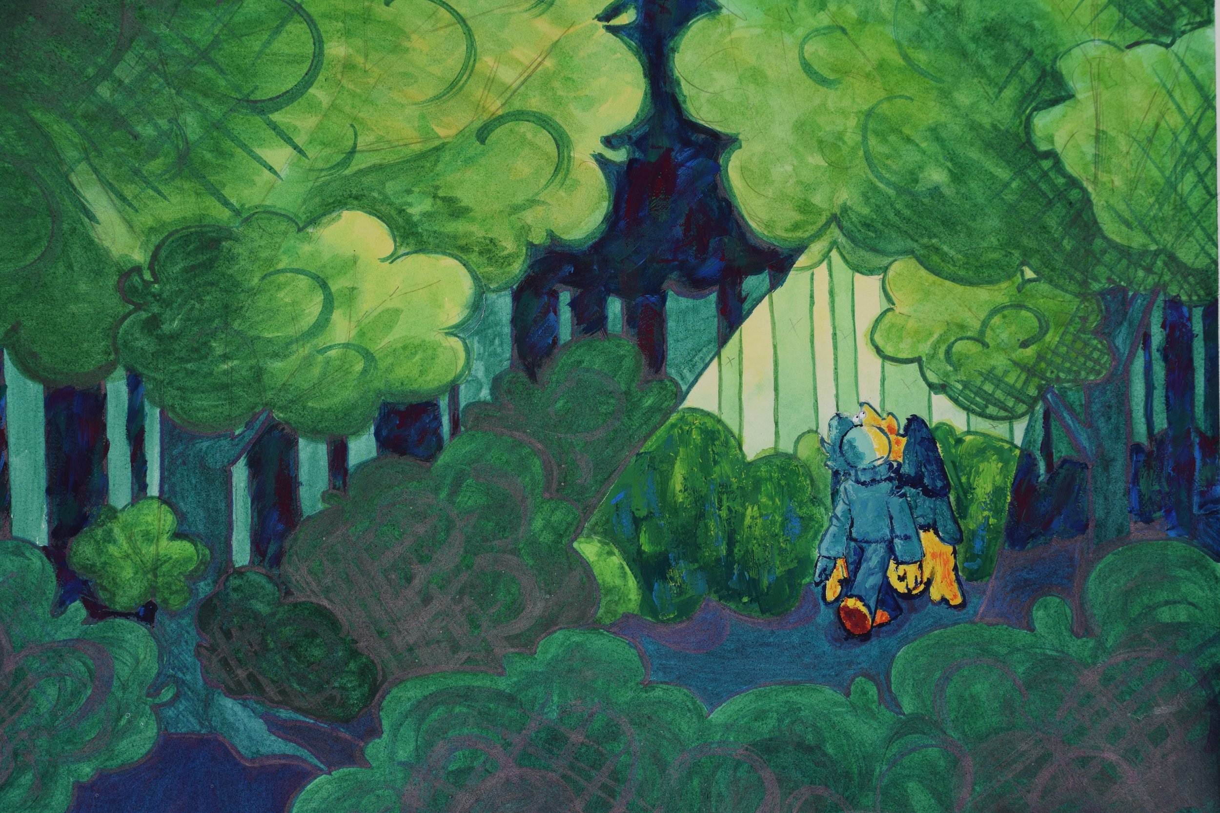 A colorful painting of a person with blond hair, wearing a blue outfit, standing in a lush forest filled with large green trees, with sunlight filtering through the leaves.