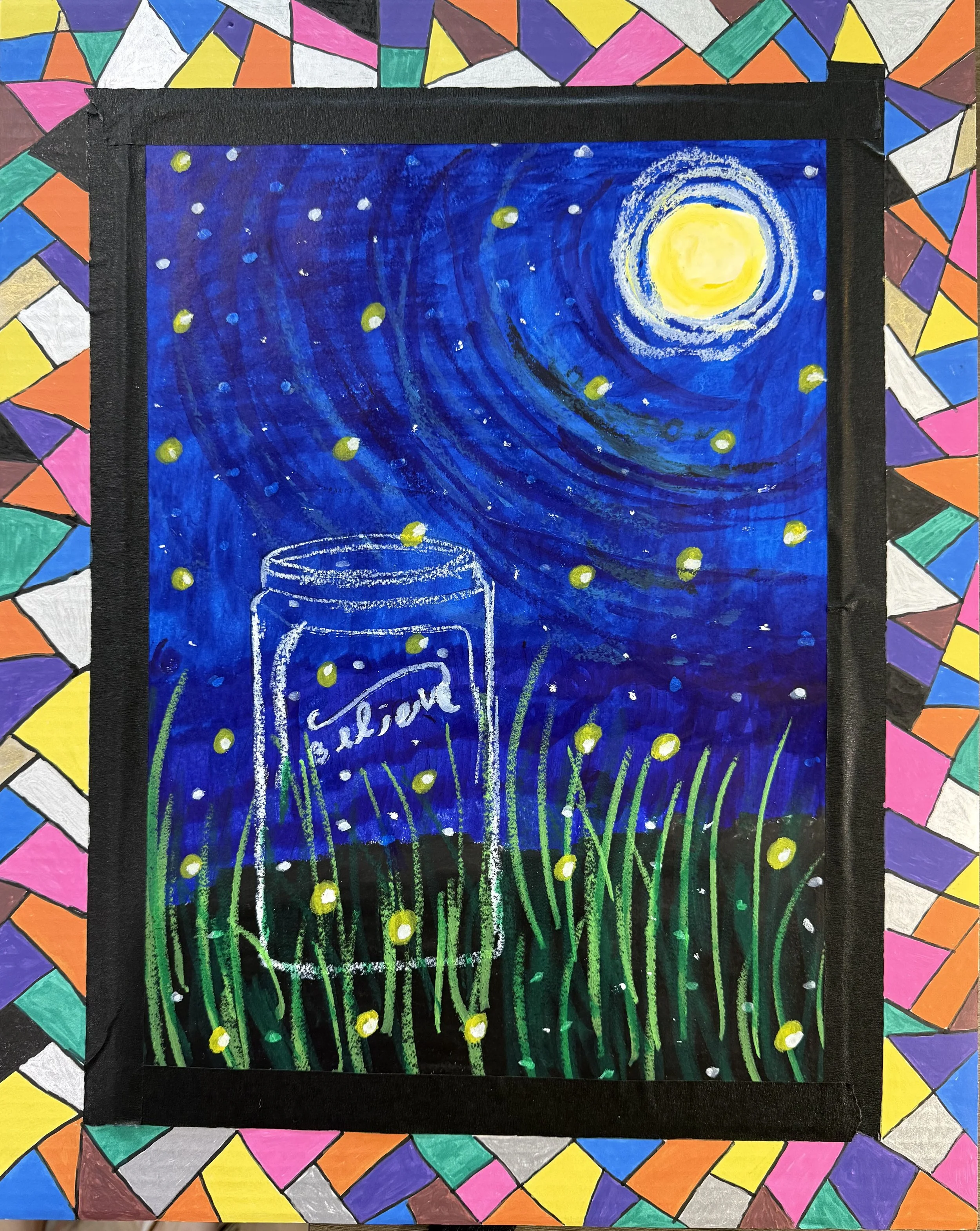 Colorful drawing of a night sky with a large yellow moon, stars, and a jar of fireflies at the bottom, surrounded by a mosaic border with triangles in pink, orange, yellow, green, blue, purple, white, and brown.