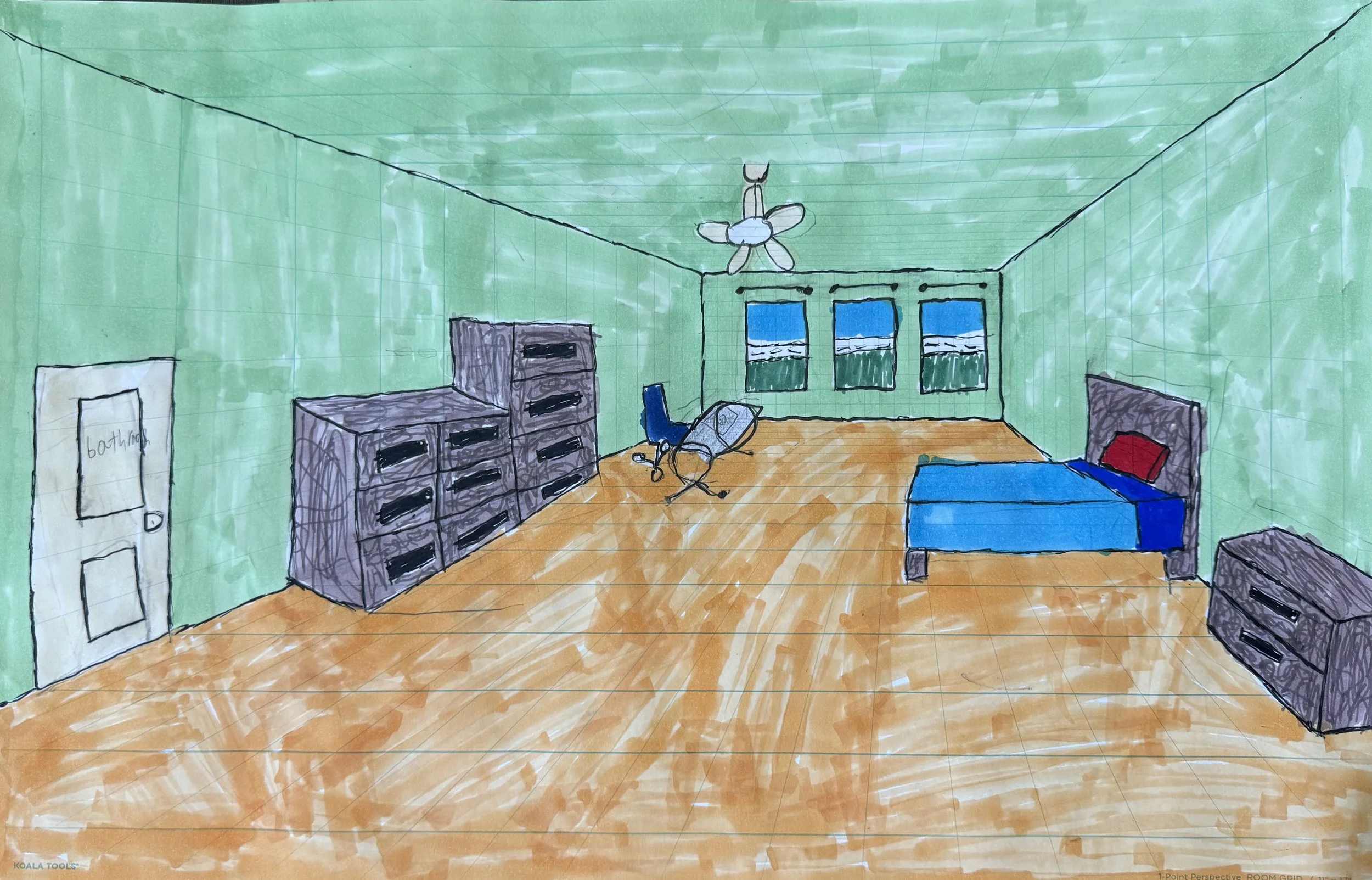 A sketch of a bedroom with green walls, a wooden floor, and a ceiling fan. There are three windows on the far wall, a bed with a red pillow, a dark-colored dresser, a chair, and a door labeled 'bathroom' on the left side.