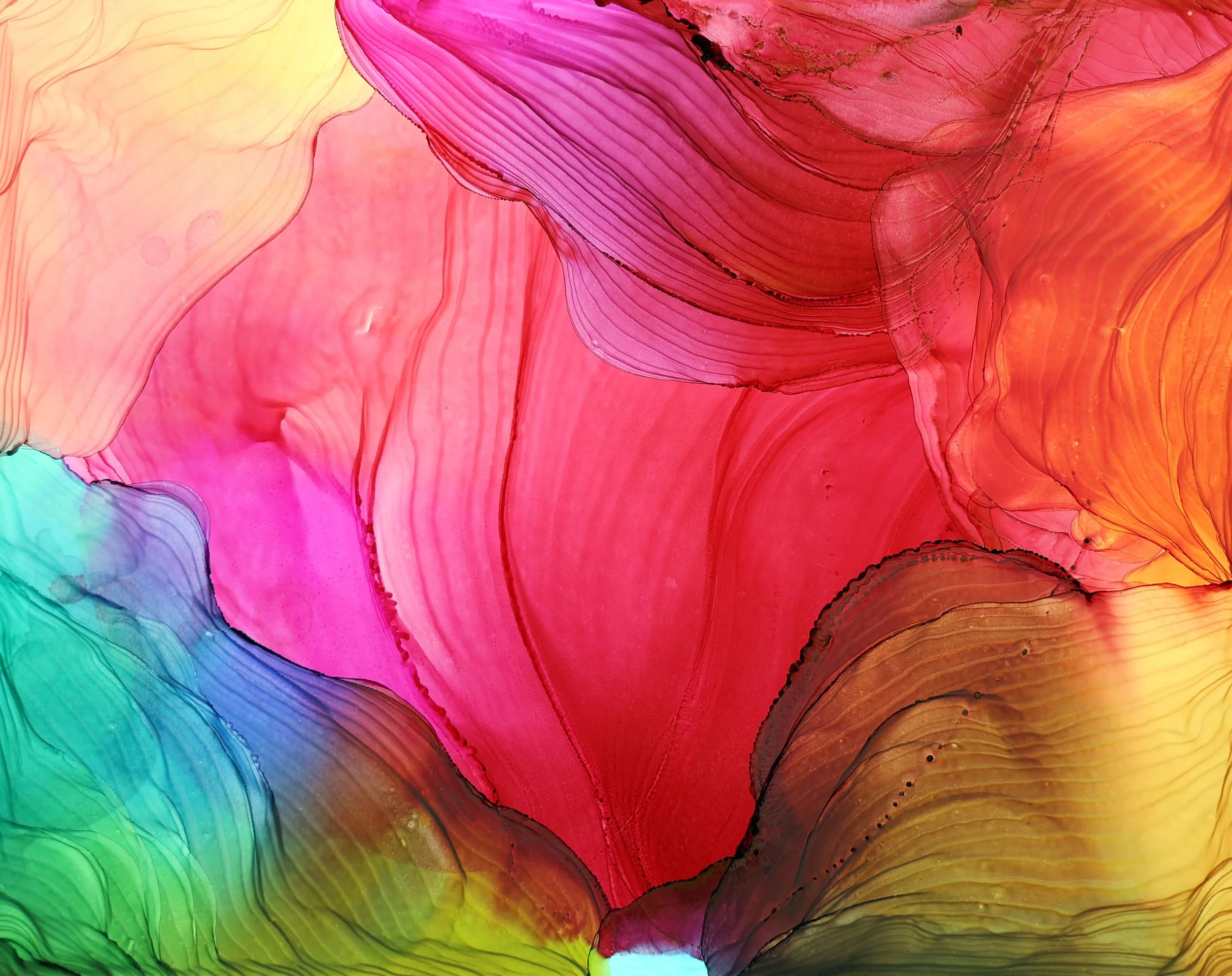 Colorful abstract art with flowing, layered patterns in pink, red, orange, yellow, green, blue, and purple hues.