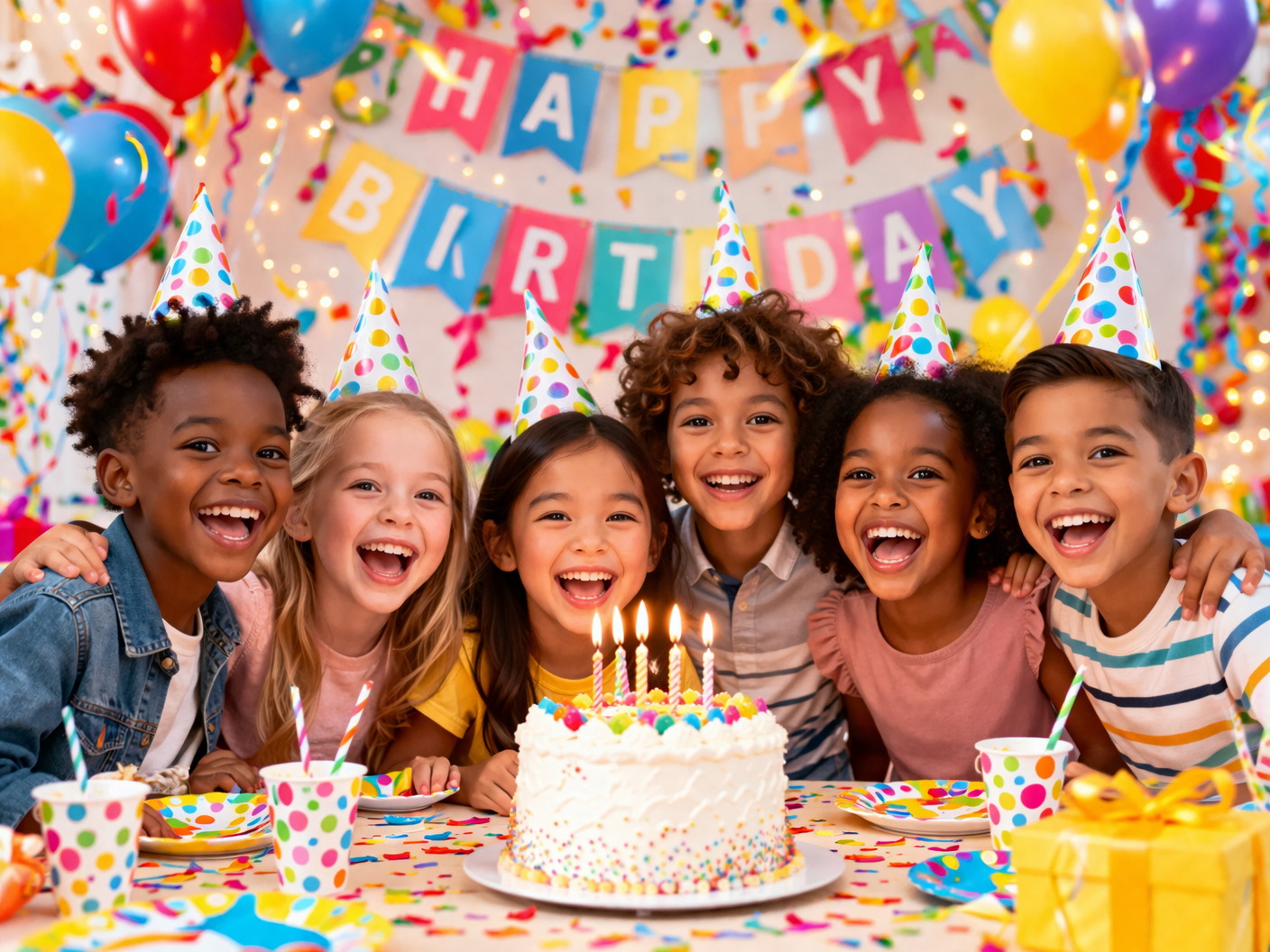 Happy children celebrating a birthday with a cake, party hats, and colorful decorations.