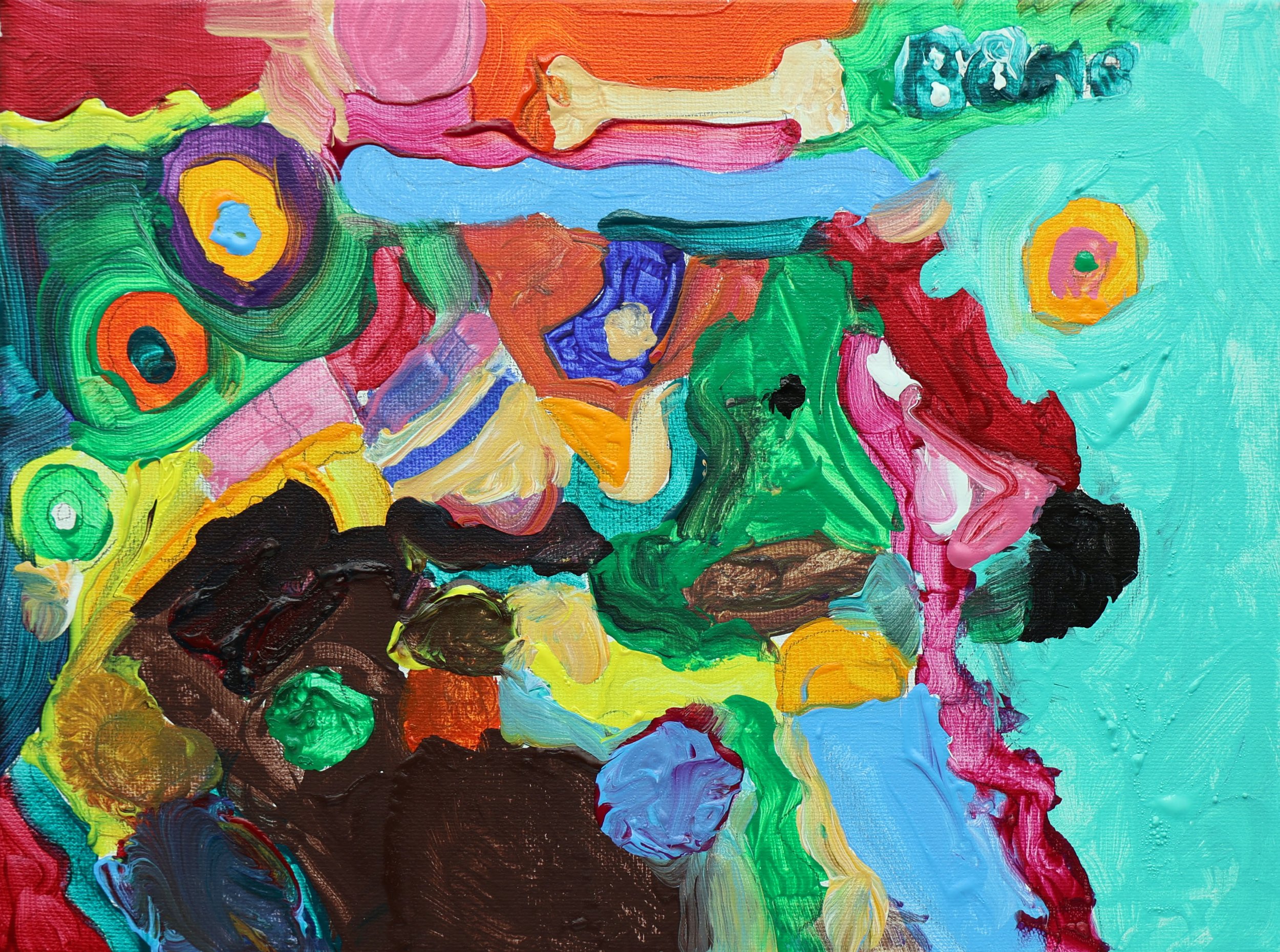 An abstract painting with vibrant colors and thick brushstrokes including green, red, yellow, blue, purple, black, and pink.