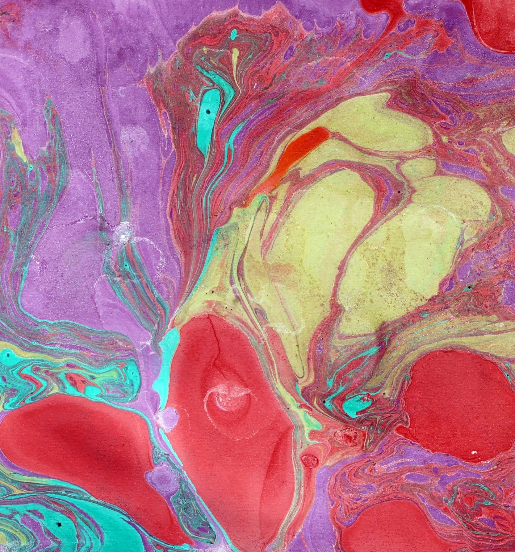 Abstract swirling pattern with purple, red, yellow, teal, and pink colors.