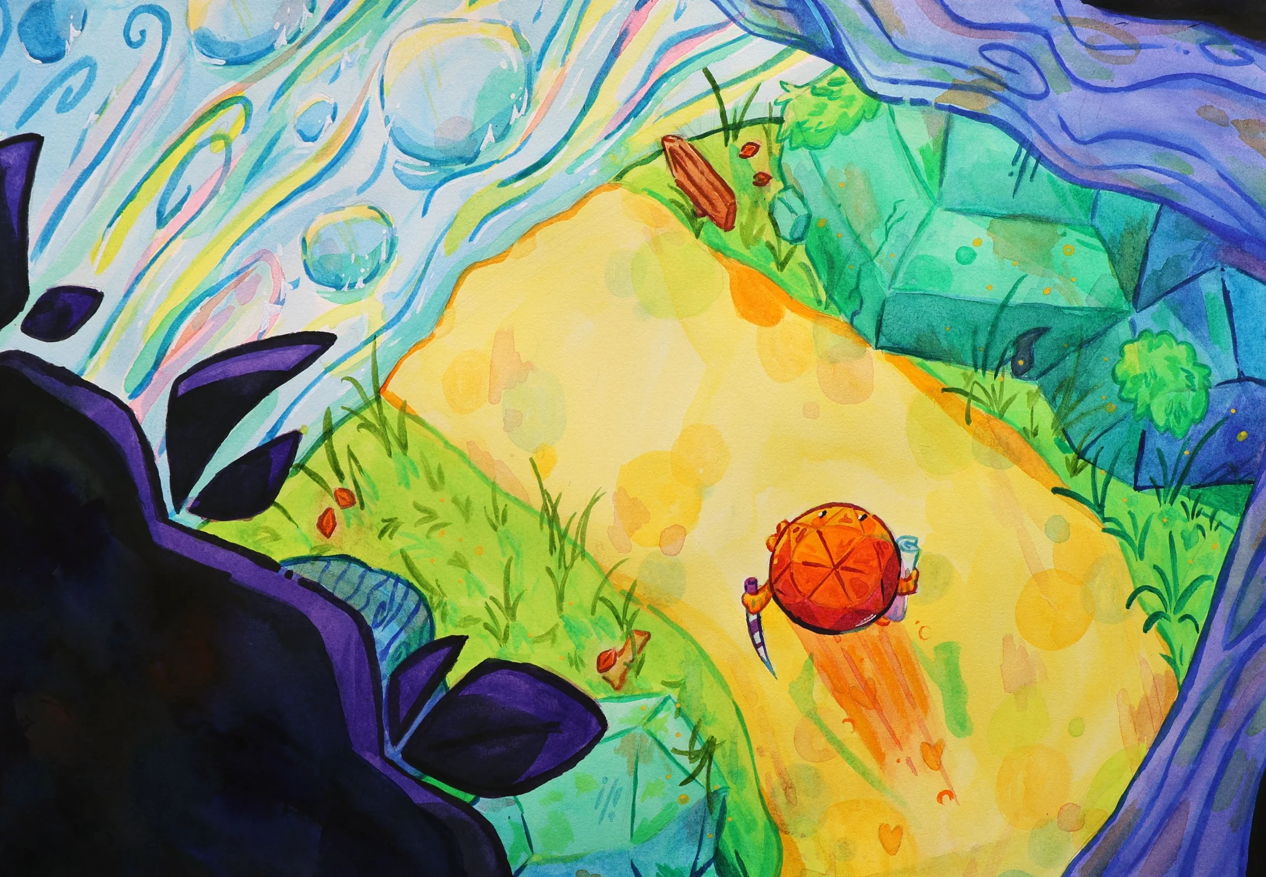 Colorful abstract watercolor illustration featuring plants, rocks, water, and a small red turtle on a yellow path.
