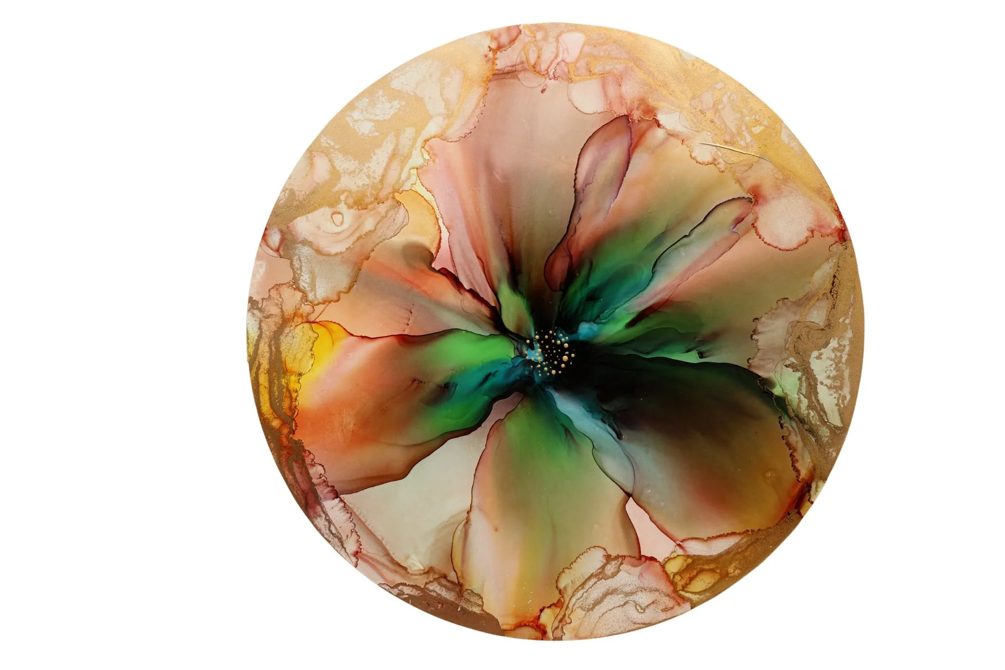 Abstract circular artwork with vibrant colors including black, green, red, orange, and gold, resembling a flower or explosion of colors.