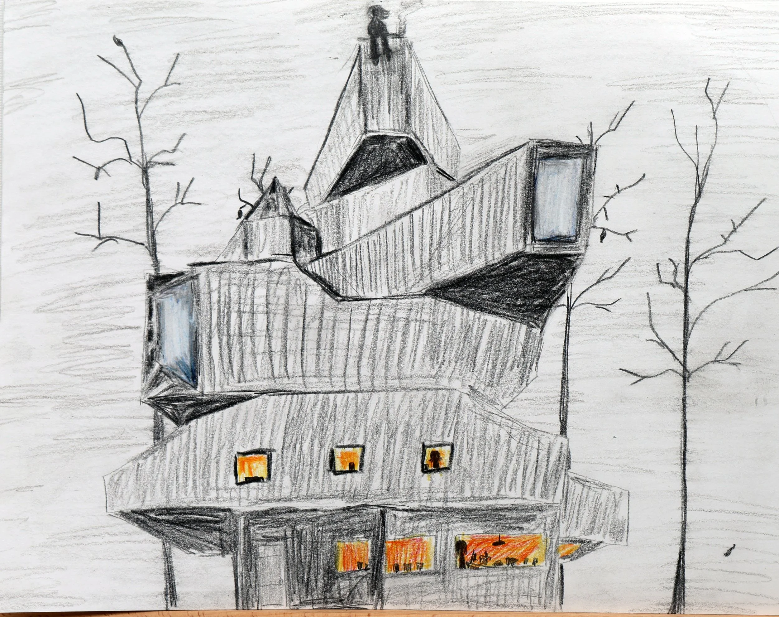 Sketch of a modern multi-story house with large windows, some of which are illuminated, and an irregular structure with multiple levels, surrounded by leafless trees.