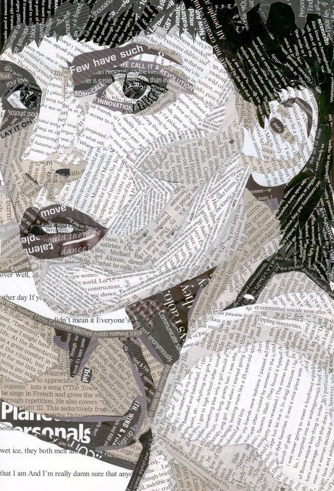 Collage portrait of a woman created from text snippets and phrases, with dark hair, expressive eyes, and a skirt, against a background of typed and printed text.