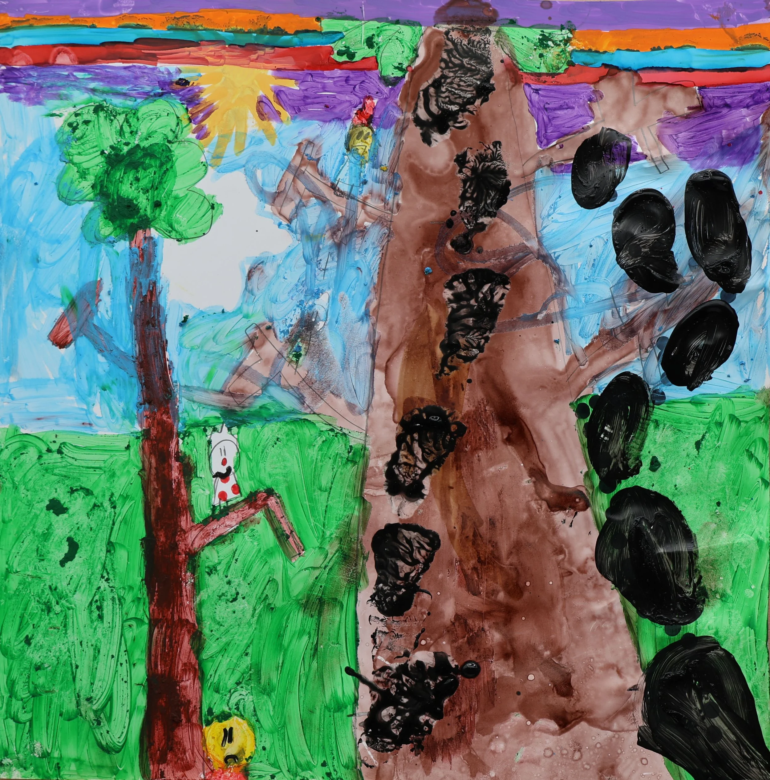 Child's colorful painting of an outdoor scene with a large tree, a smaller tree with a face, a mountain in the background, a green grassy area, a blue sky with a yellow sun, and a figure with black spots on a brown trunk.