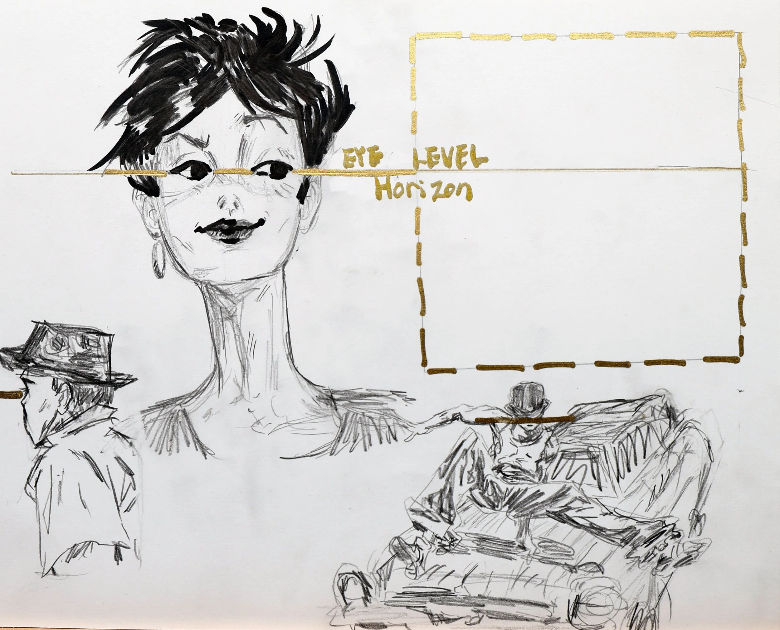 Sketch of three people, one woman with short hair and earrings in the center, a man with a hat and suit on the left, and another person sitting on the right, with a large speech bubble labeled "EYE LEVEL HORIZON".