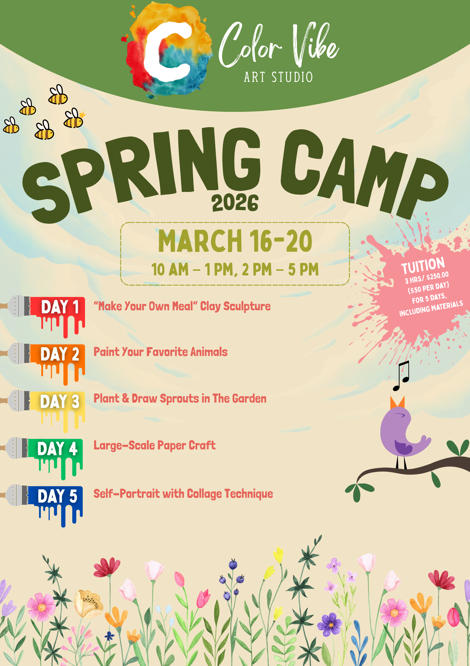 Spring Camp 2024 flyer from Color Vibe Art Studio featuring a colorful watercolor logo at the top, bees near a cloud, a purple bird with a music note, and a border of various flowers along the bottom, with schedule details and activities listed.