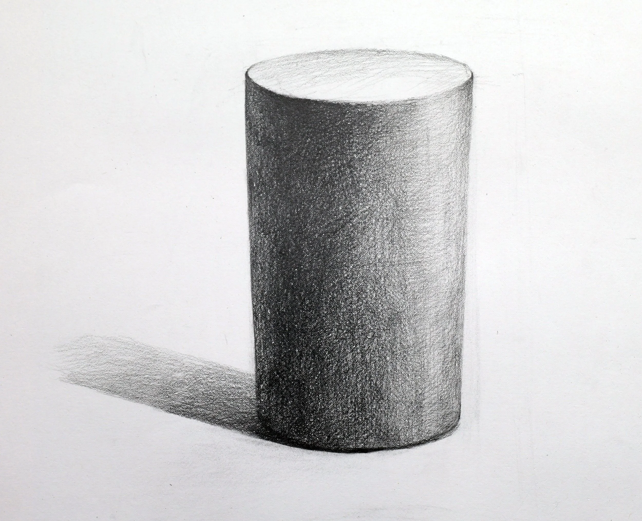 A detailed black and white pencil sketch of a cylindrical object casting a shadow on a flat surface.