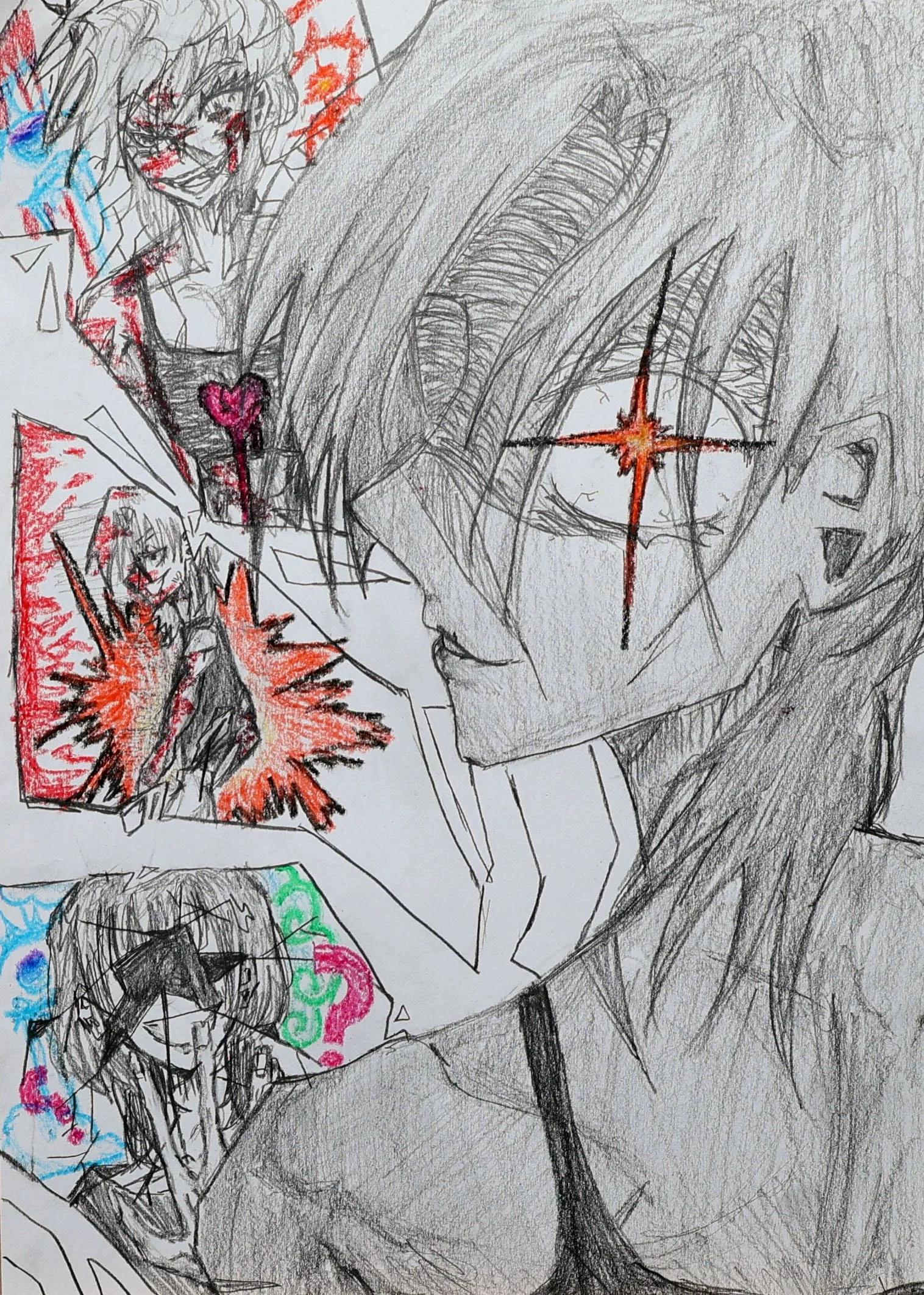 A detailed sketch of a woman with long hair, featuring multiple smaller comic-style drawings of the same woman expressing various emotions and actions, with colorful accents and a prominent star-shaped mark over her eye.